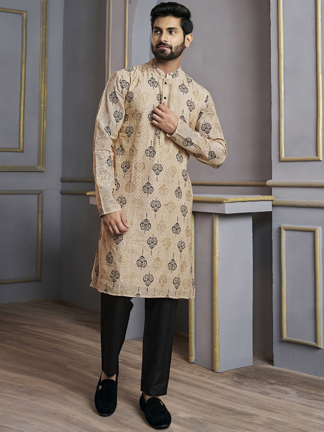 Inddus Ethnic Motifs Printed Mandarin Collar Jute Silk Straight Kurta, Beige
