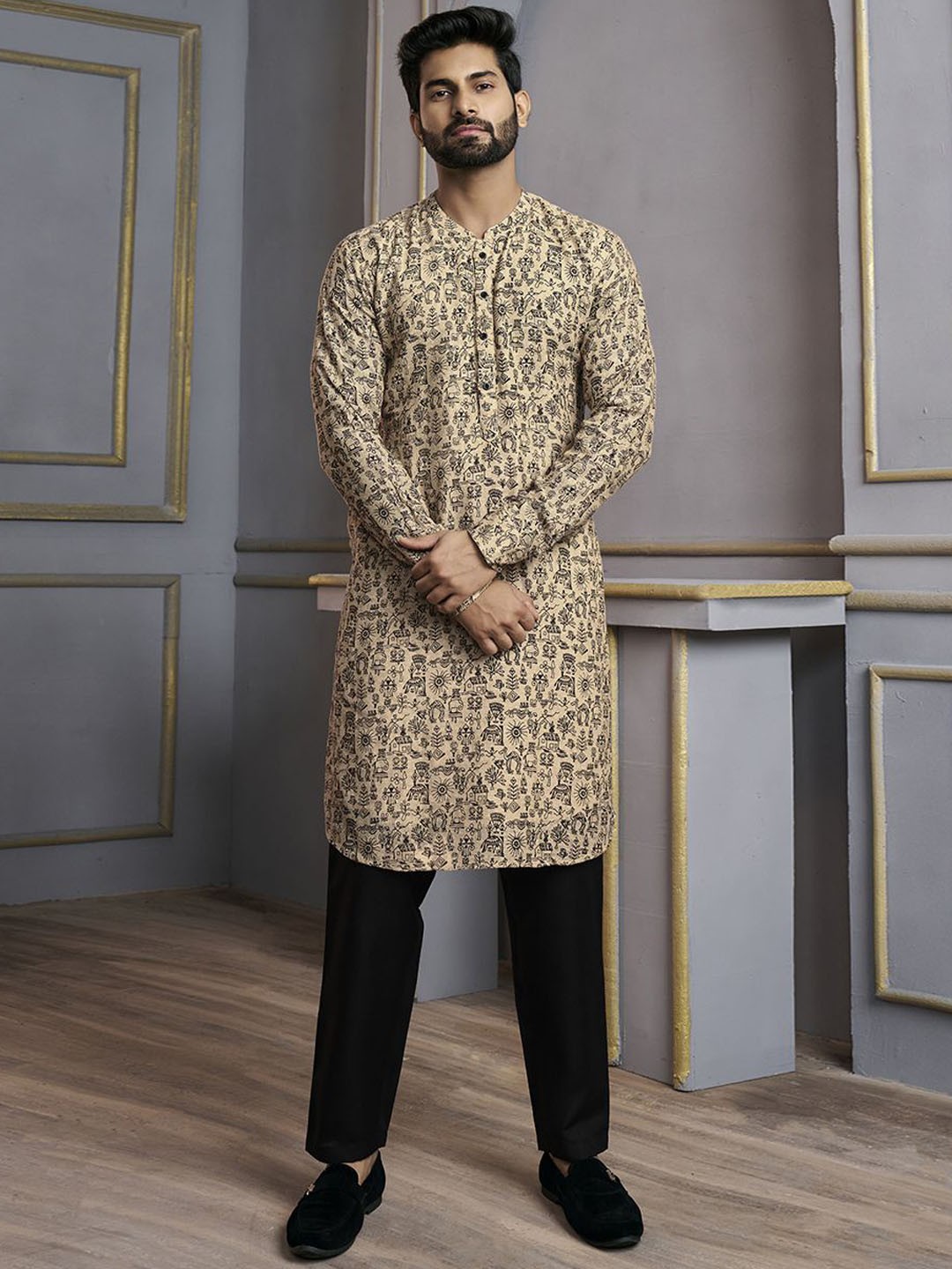 

Inddus Floral Printed Mandarin Collar Jute Silk Straight Kurta, Beige
