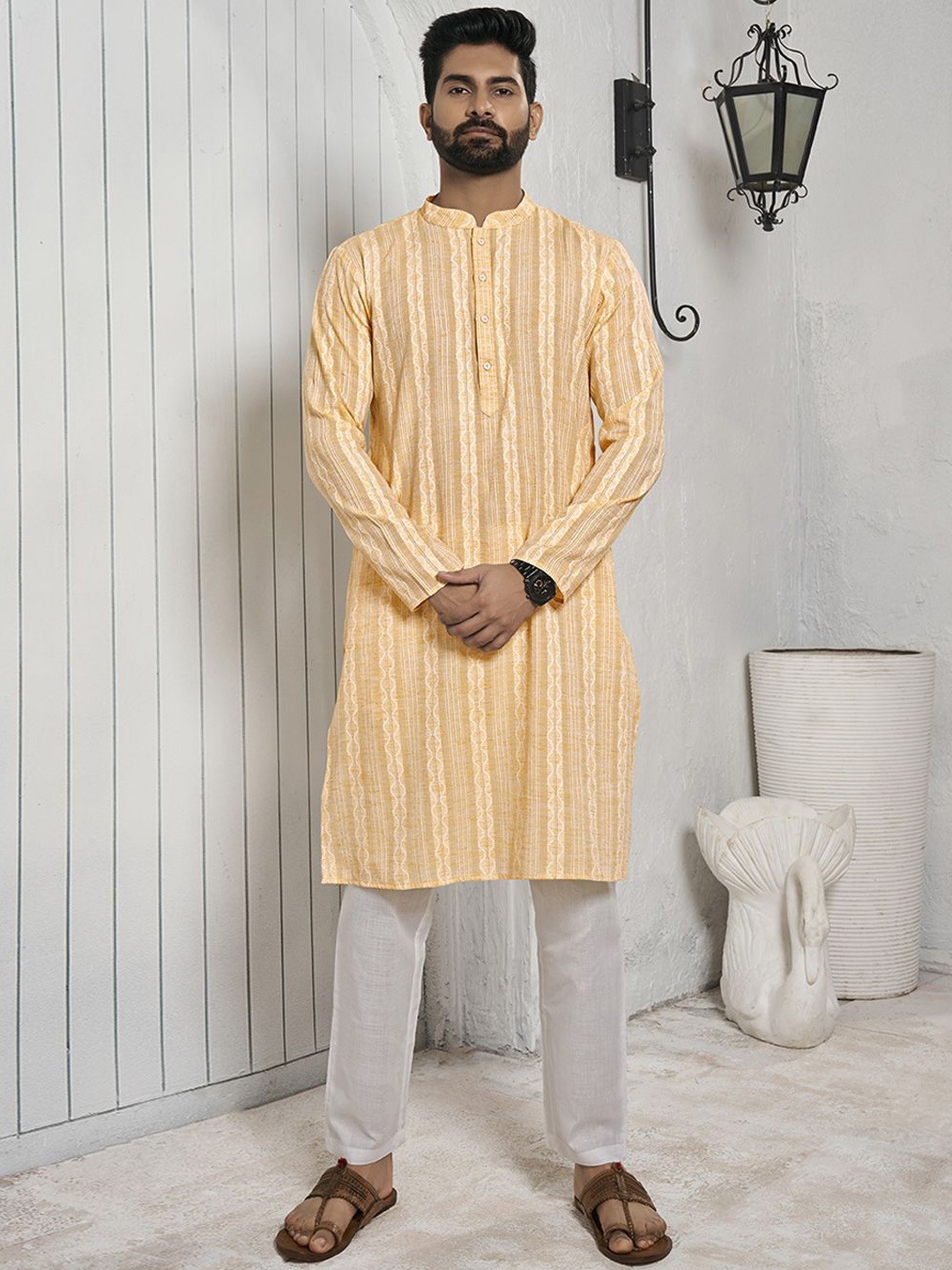 

Inddus Striped Mandarin Collar Cotton Jacquard Straight Kurta, Mustard