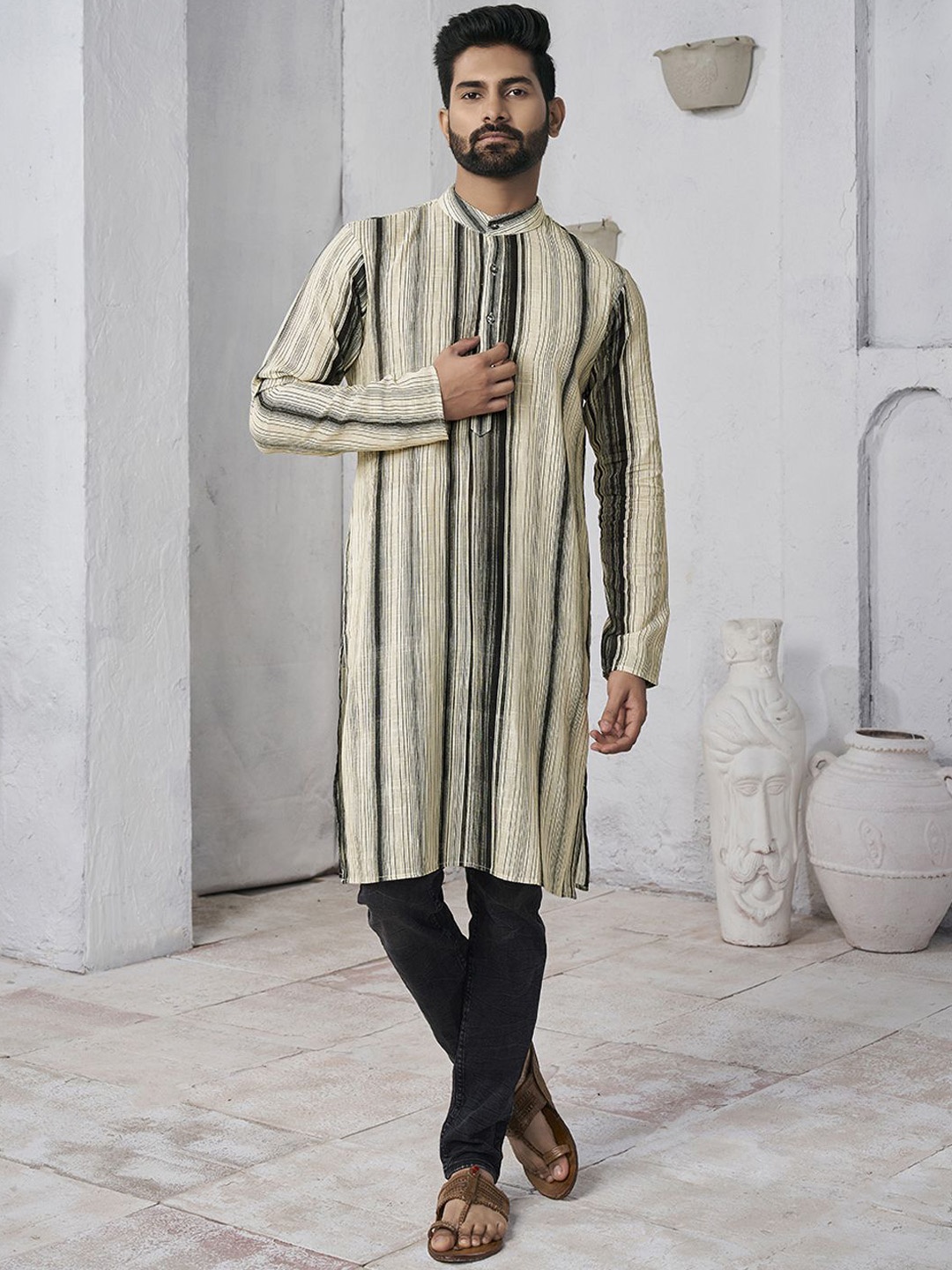 

Inddus Striped Pure Cotton Straight Kurta, Beige