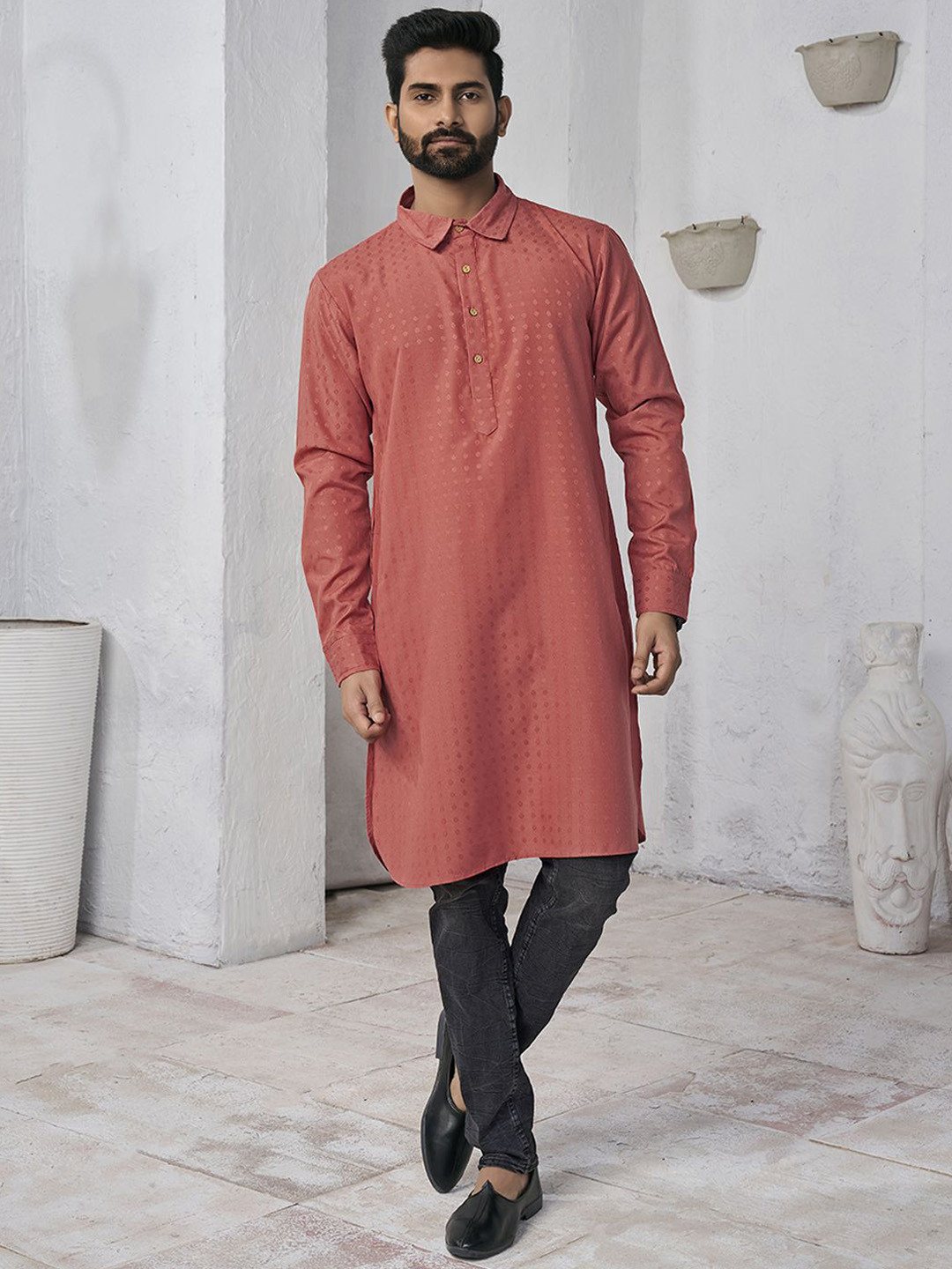 

Inddus Ethnic Motifs Woven Design Shirt Collar Straight Kurta, Rust