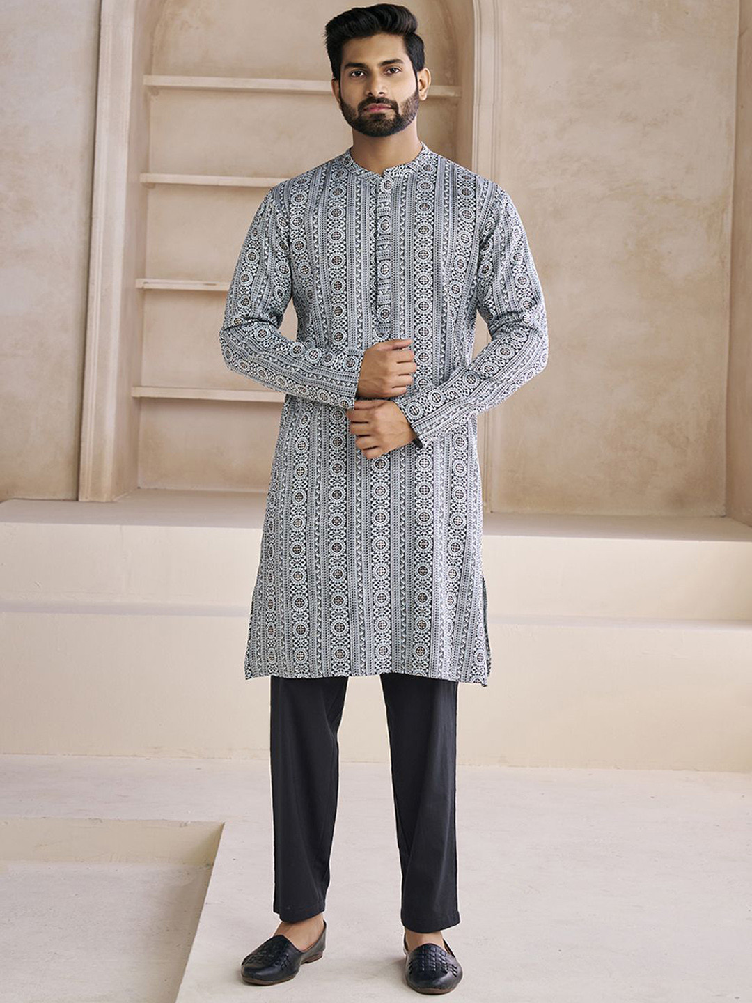 

Inddus Ethnic Motifs Printed Mandarin Collar Cotton Jacquard Straight Kurta, Grey