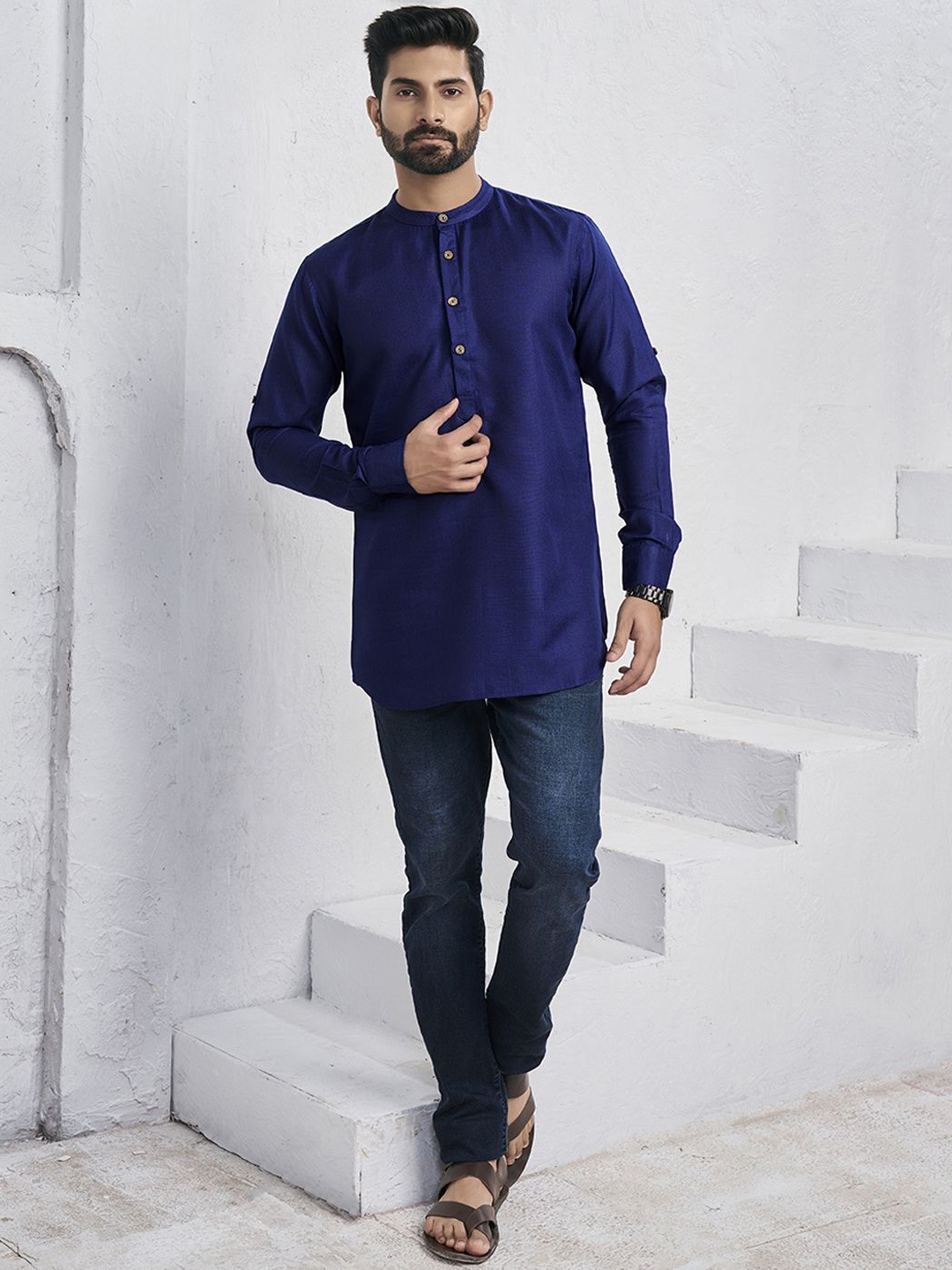 

Inddus Band Collar Straight Kurta, Blue