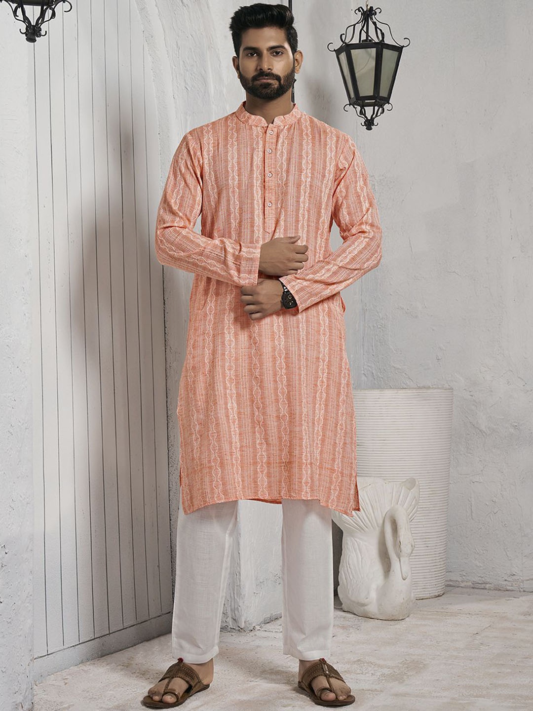 

Inddus Striped Mandarin Collar Cotton Jacquard Straight Kurta, Peach