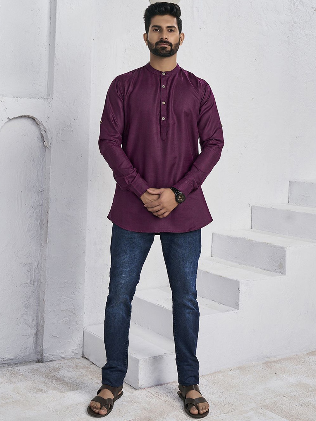 

Inddus Band Collar Straight Kurta, Purple