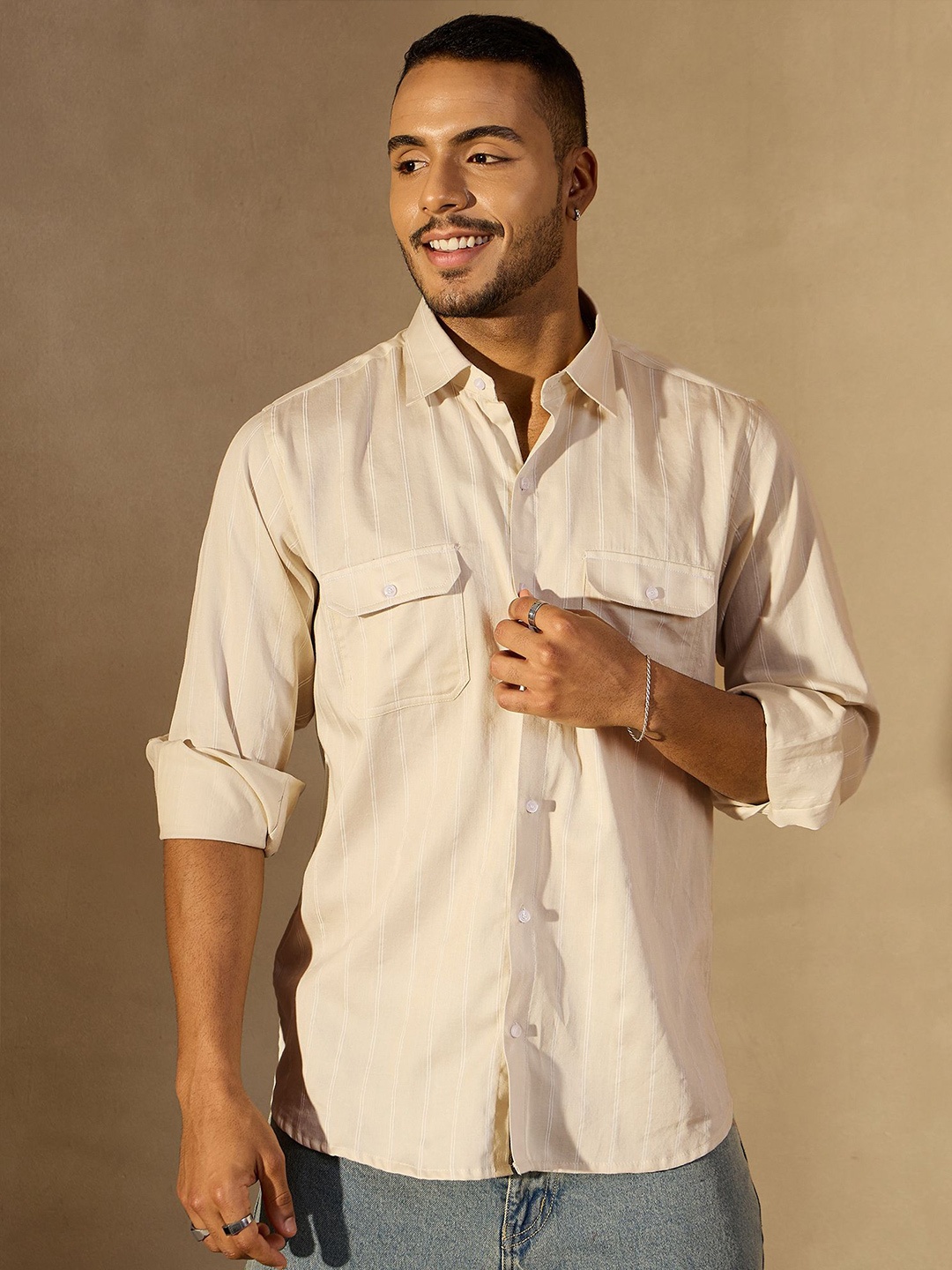 

DENNISON Men Vertical Stripes Spread Collar Oversized Shirt, Cream