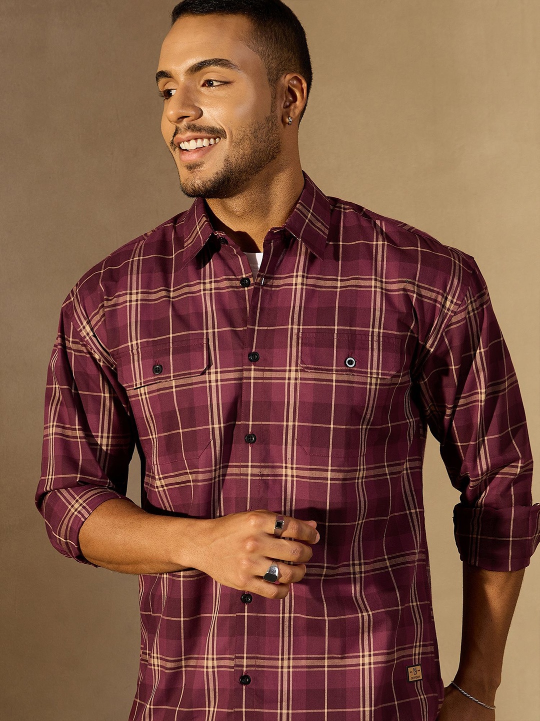 

DENNISON Men Tartan Checked Drop Shoulder Oversized Shirt, Maroon