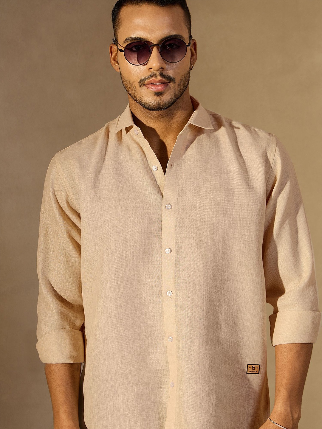 

DENNISON Men Self Design Spread Collar Oversized Smart Casual Shirt, Beige