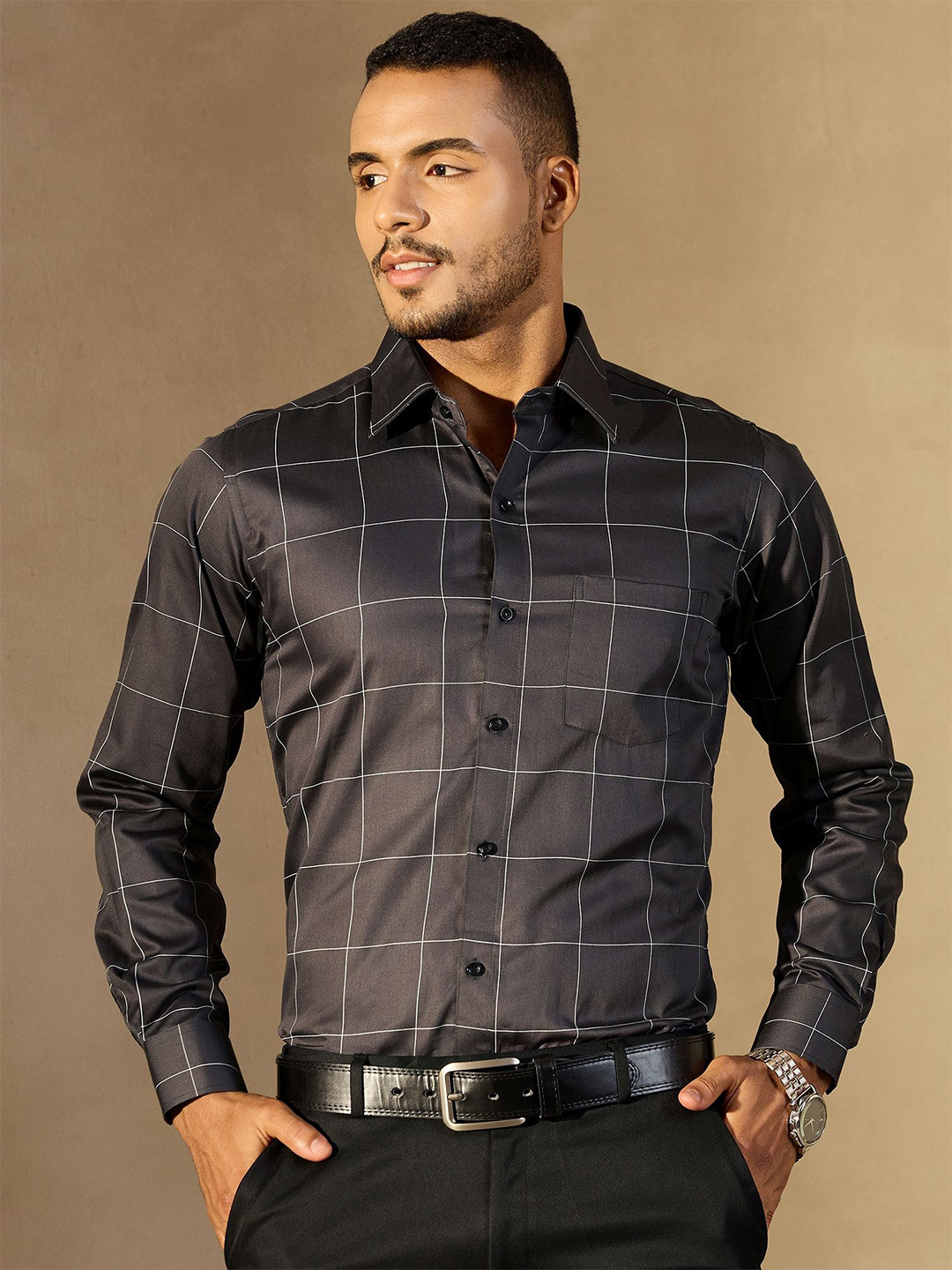 

DENNISON Men Windowpane Checked Spread Collar Smart Formal Shirt, Grey