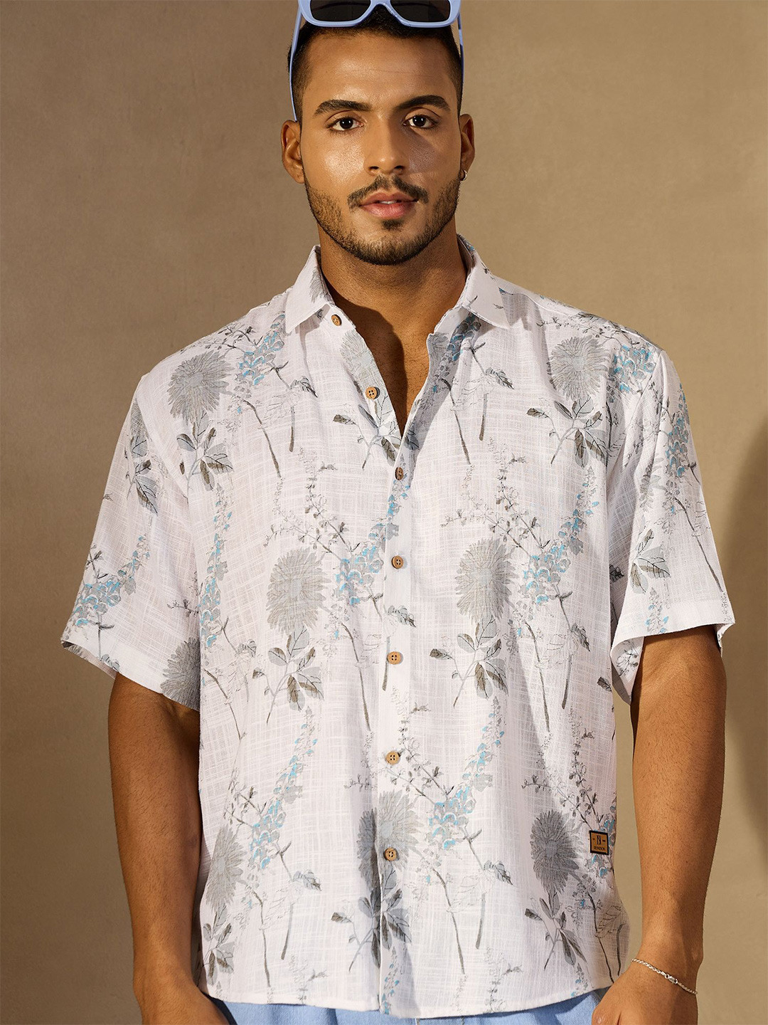 

DENNISON Men Floral Printed Drop Shoulder Sleeves Oversized Linen Smart Casual Shirt, White