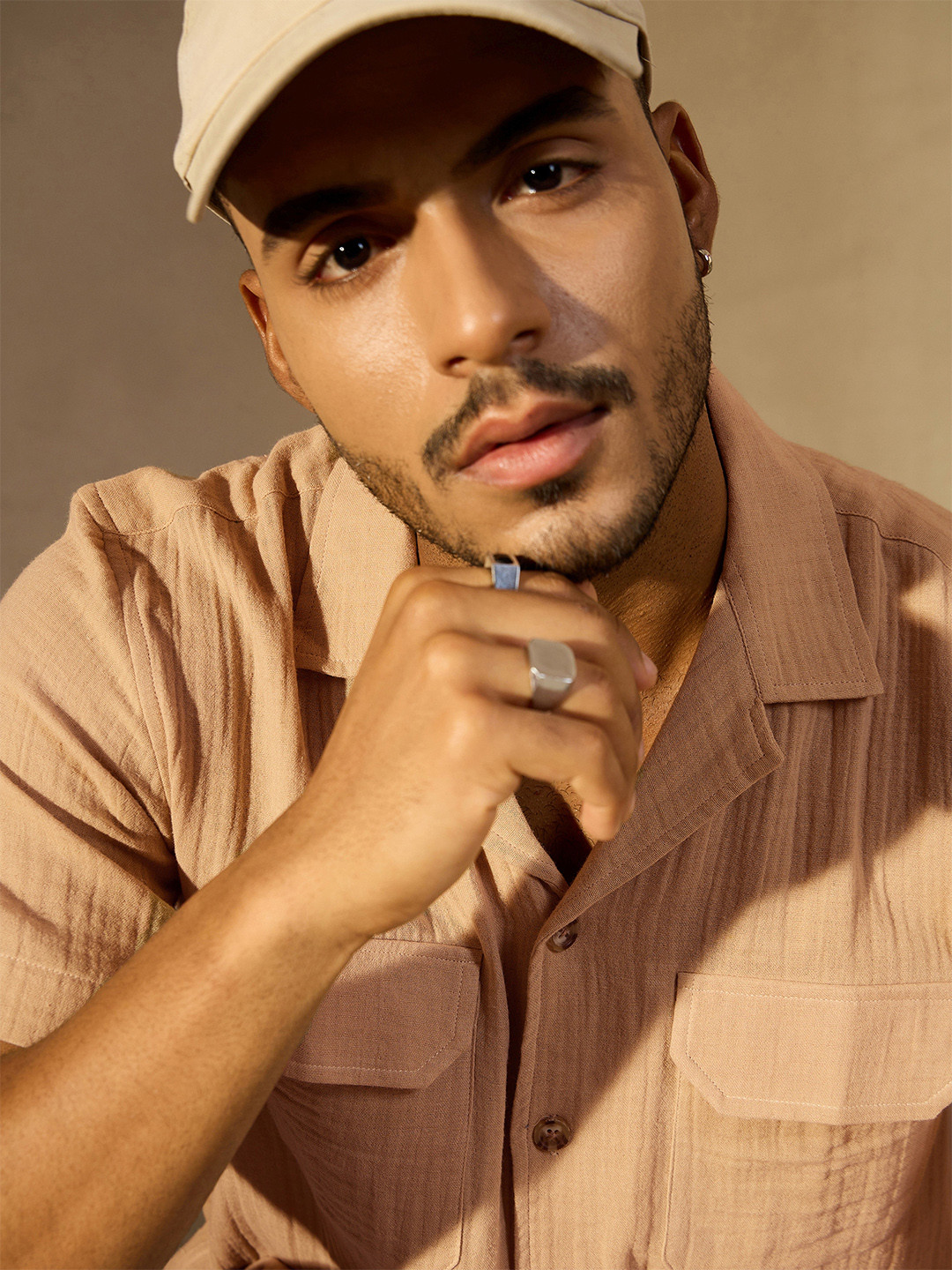 

DENNISON Men Self Design Cuban Collar Long Slevees Casual Shirt, Beige