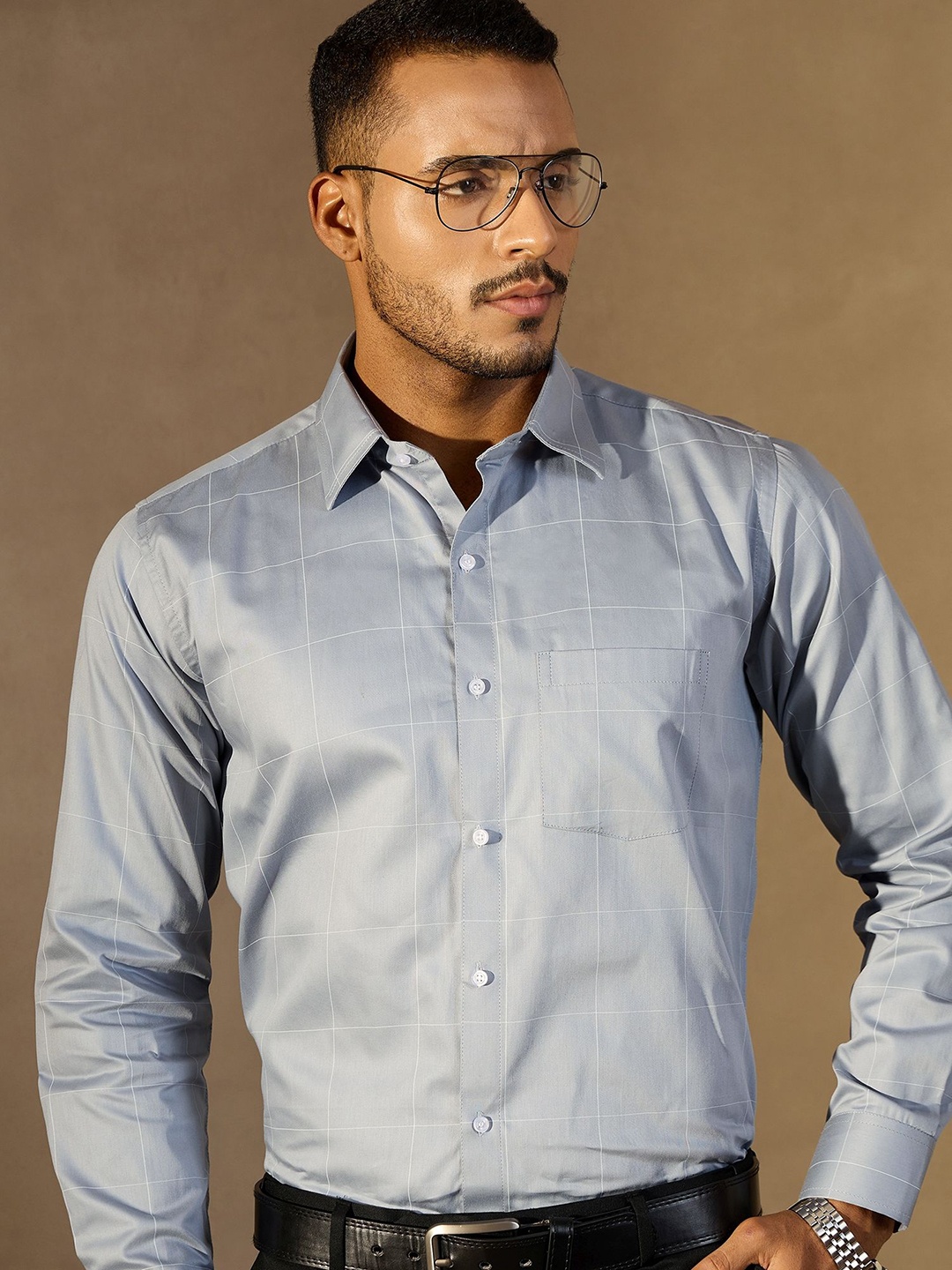 

DENNISON Men Checked Spread Collar Long Slevees Cotton Formal Smart Shirt, Grey
