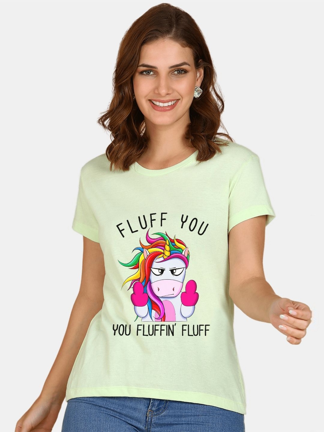 

Wyld Sprog Women Unicorn Printed Pure Cotton T-shirt, Lime green