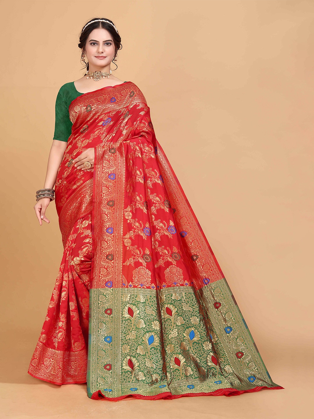 

NENCY FASHION Woven Design Zari Banarasi Saree, Red