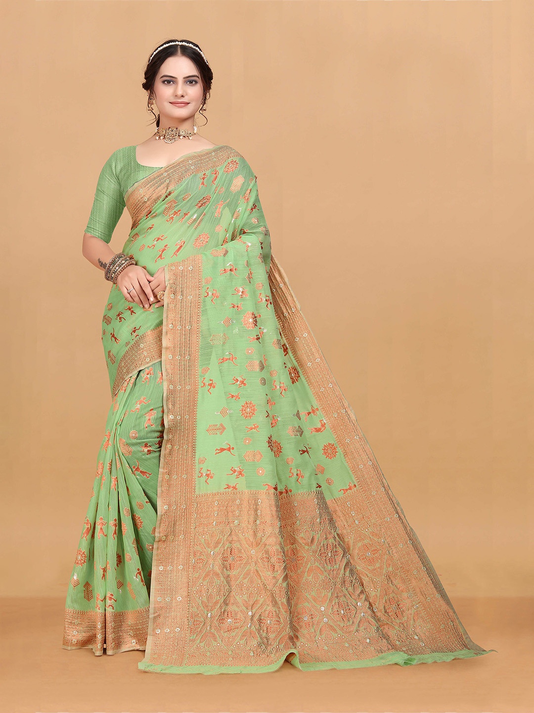 

NENCY FASHION Woven Design Zari Banarasi Saree, Lime green