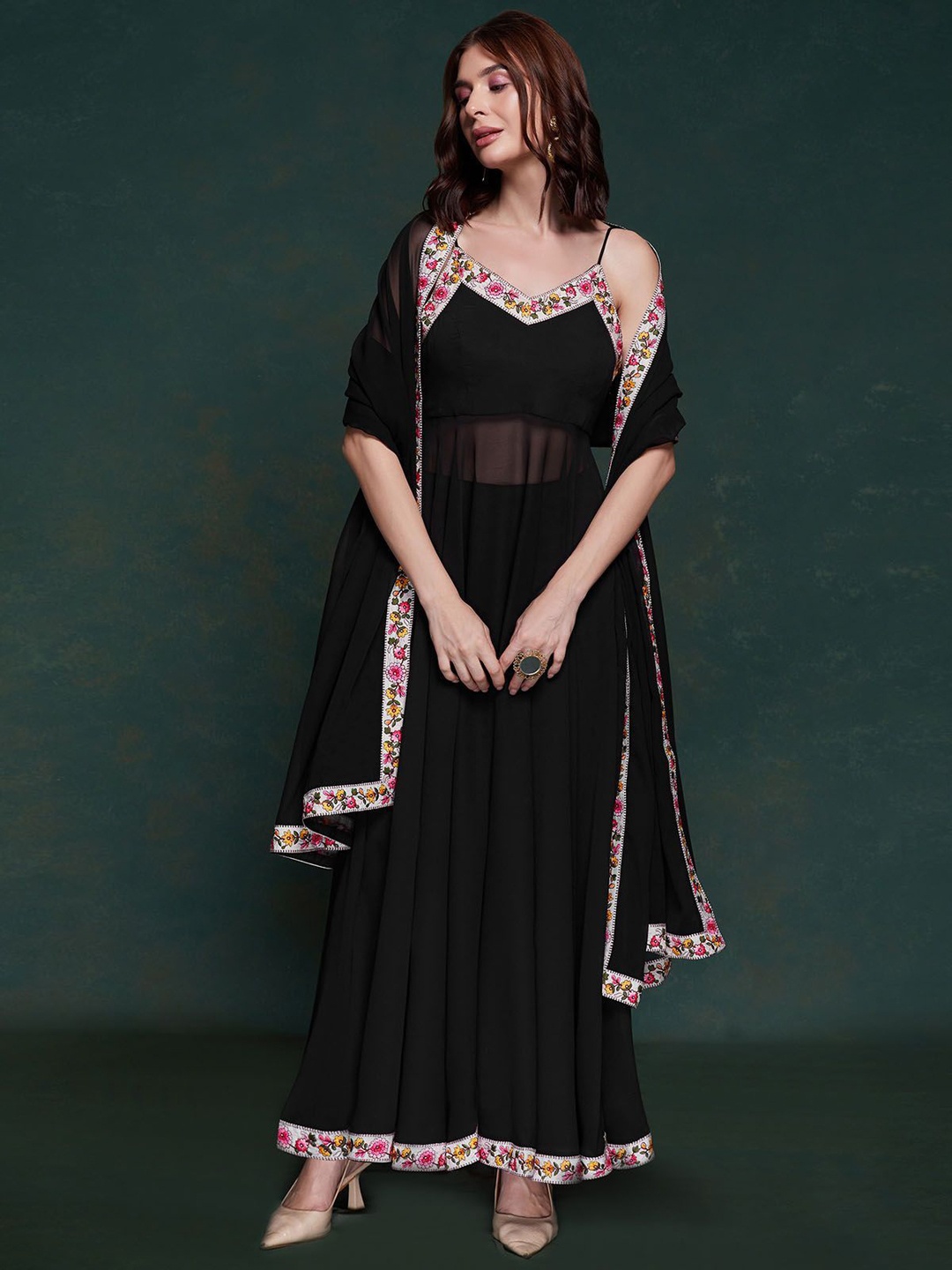

ODETTE Thread Work Shoulder Straps Sleeveless Kurta With Trousers & Dupatta, Black