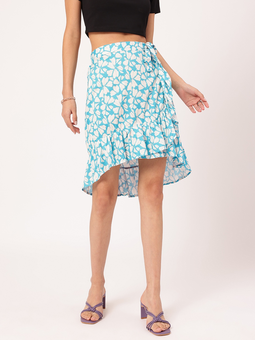 

DressBerry Floral Fusion Tie-Up Asymmetric Flounce Hem Mini Skirt, Blue