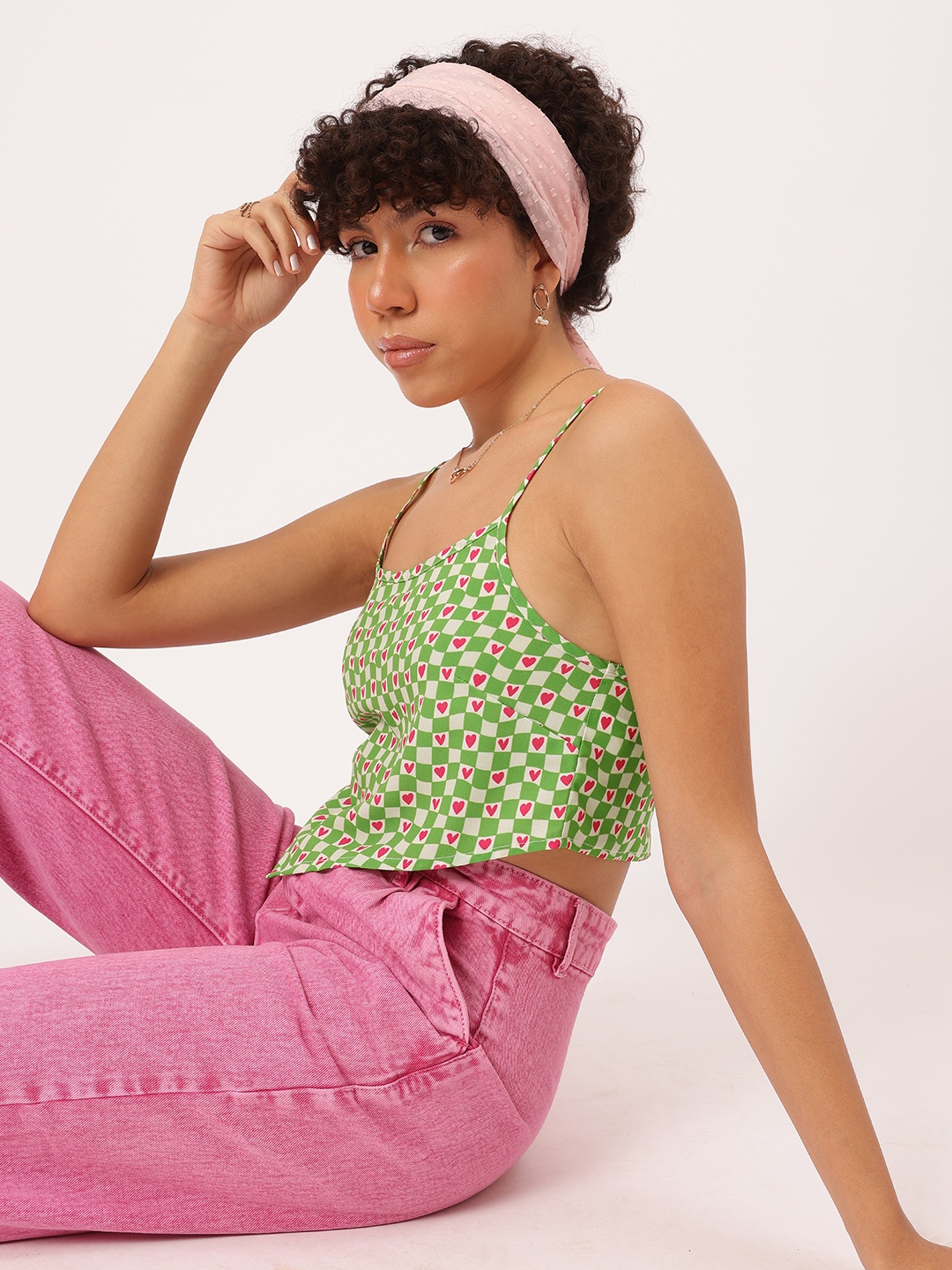 

DressBerry Checkered Hearts Strappy Scarf Hem Crop Top, Green