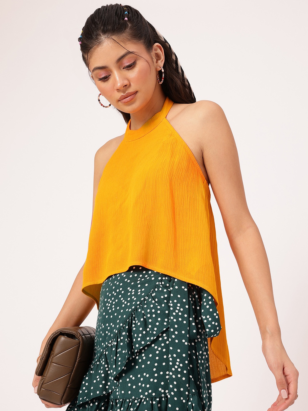 

DressBerry Blush & Bold Crinkled Halter Neck High-Low Fluid Top, Yellow