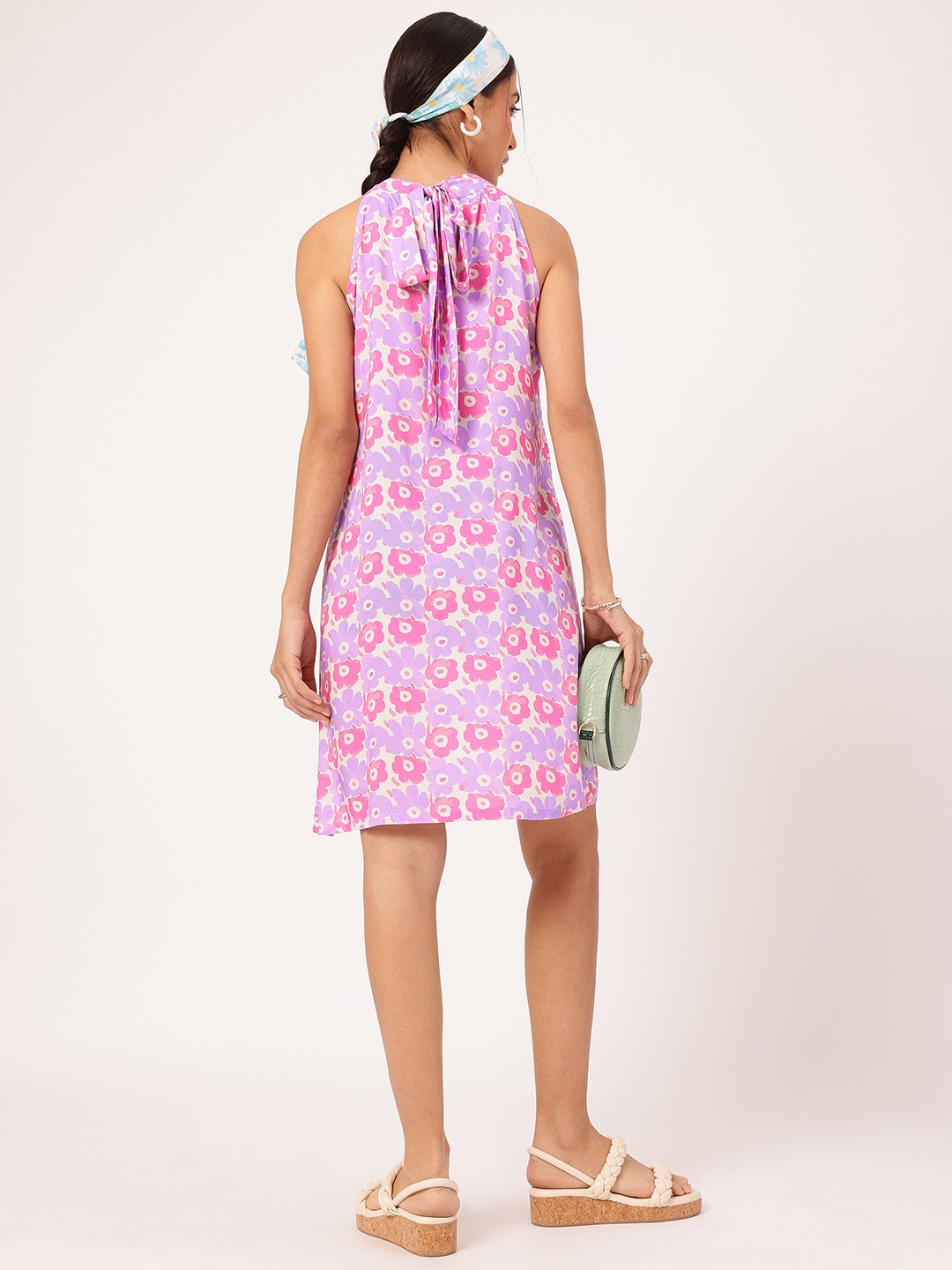 

DressBerry Blooming Petal-Printed Cute Fusion Halter Neck Tie Up Dress, Pink