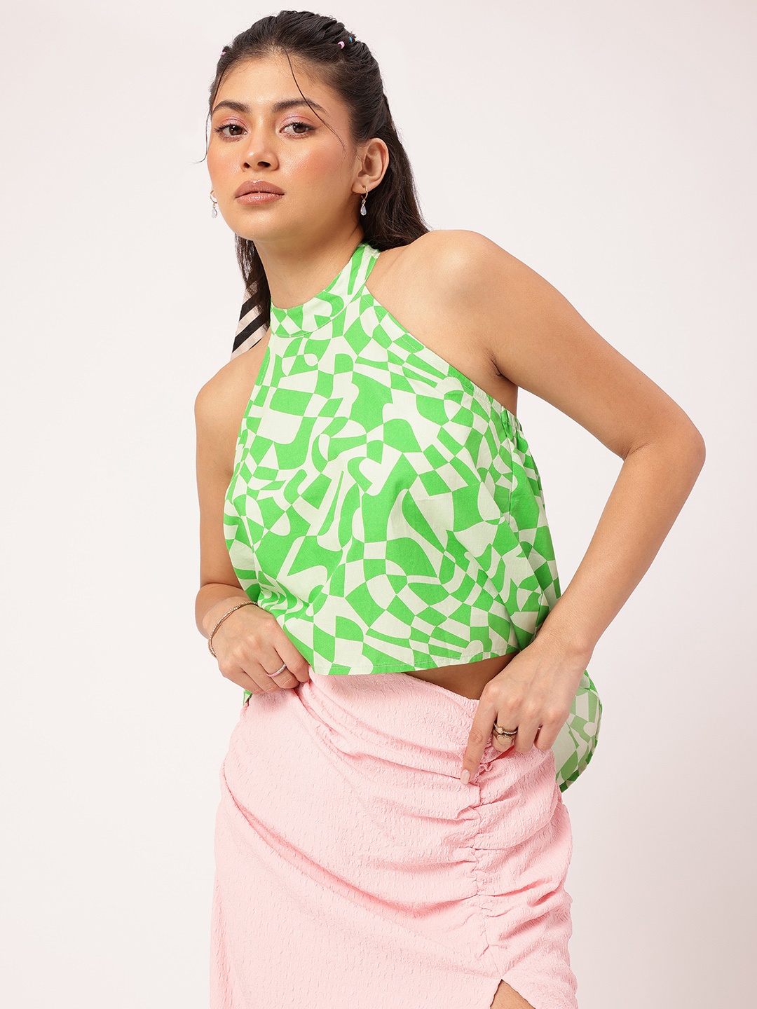 

DressBerry Festival Vibes Printed Halter Neck High-Low Top, Green