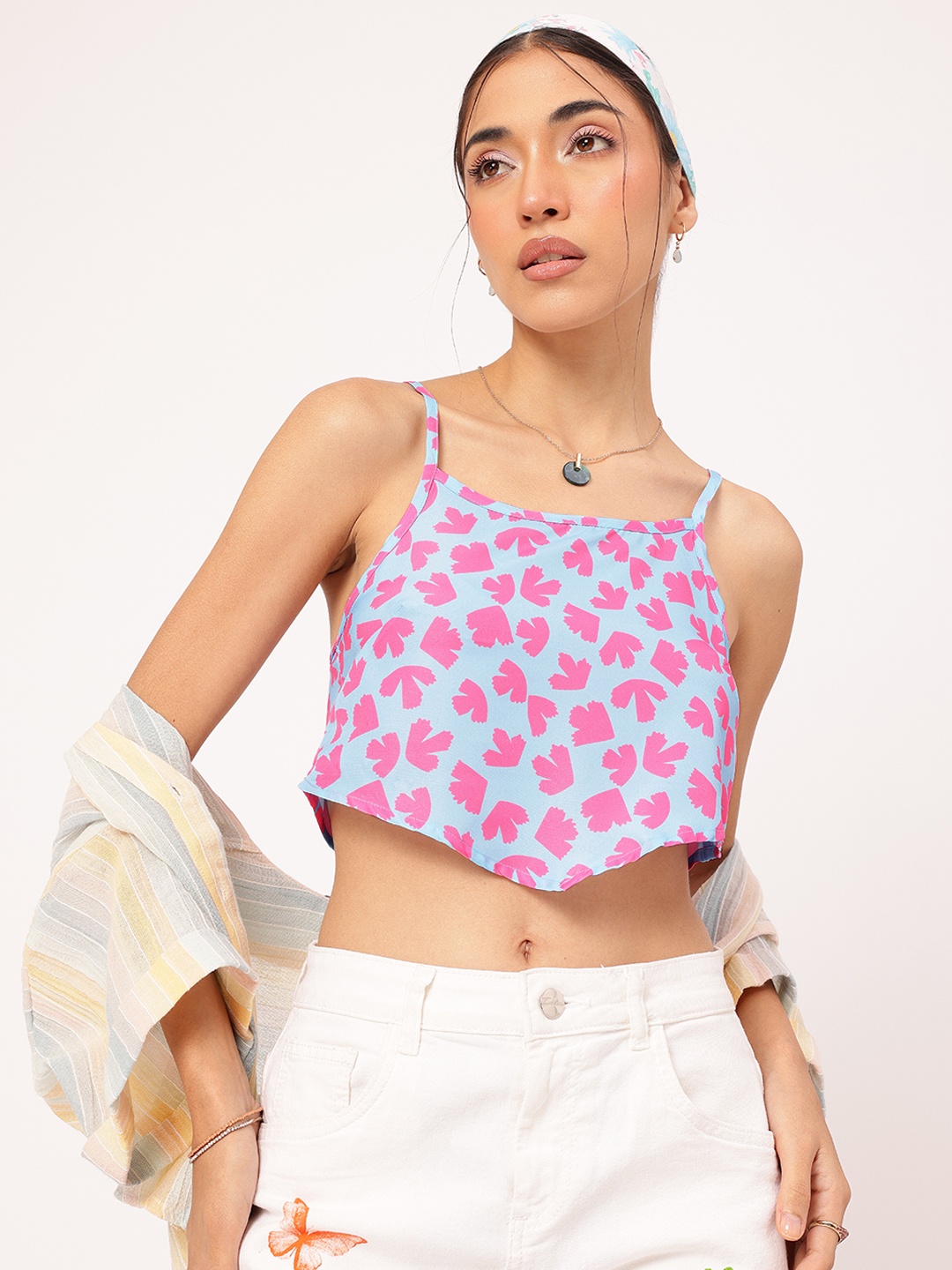

DressBerry Cotton Candy Cute Floral Strappy Crop Top, Blue