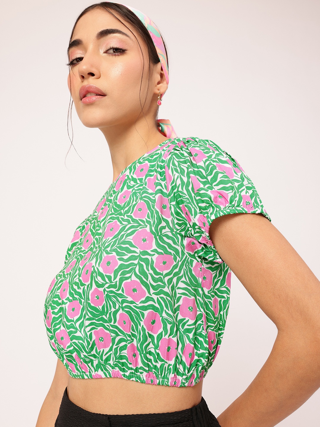 

DressBerry Garden Galore Printed Blouson Crop Top, Green