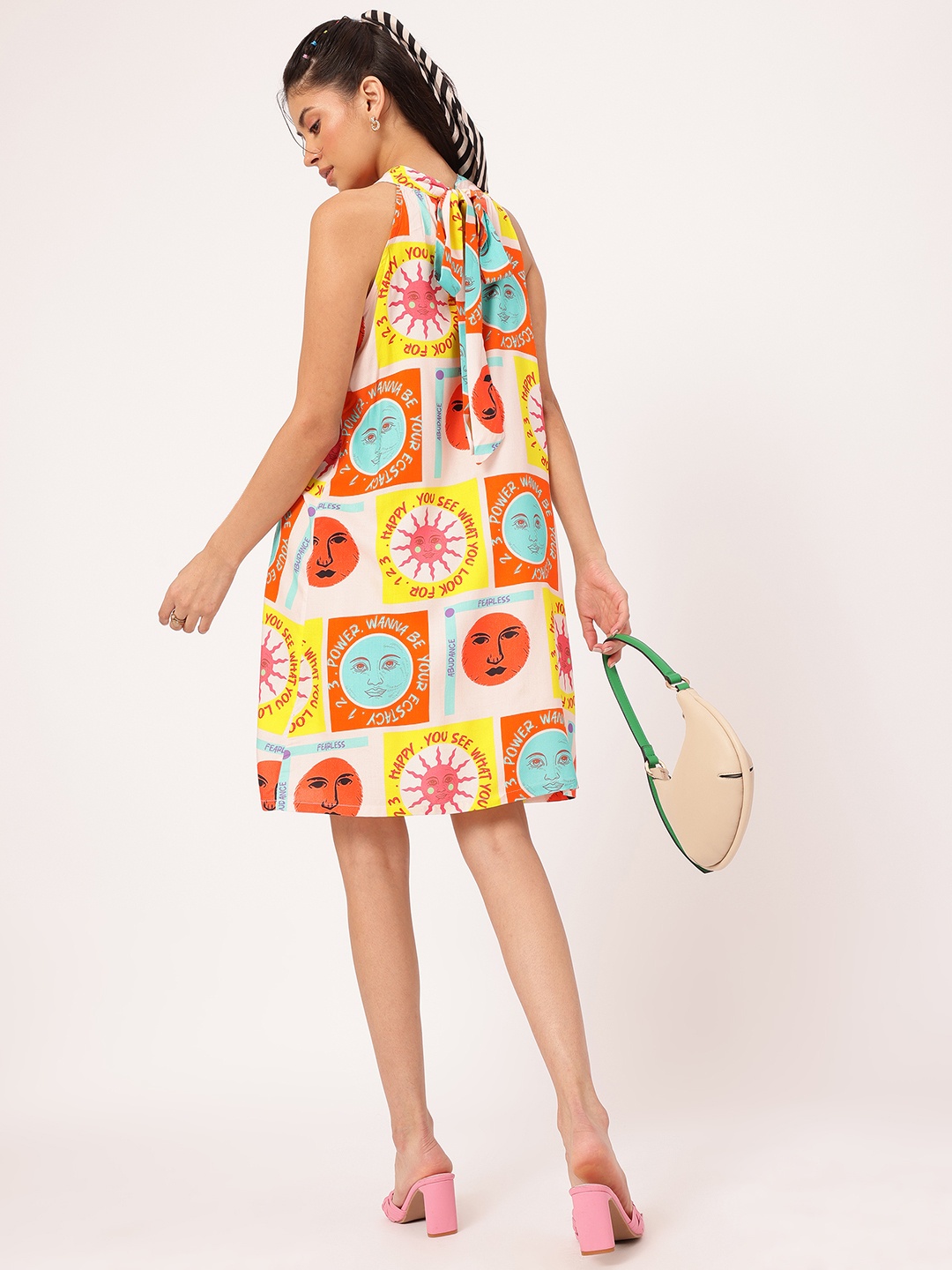 

DressBerry Giggle & Glam Quirky Conversational Printed Halter Neck Tie Up Dress, Yellow