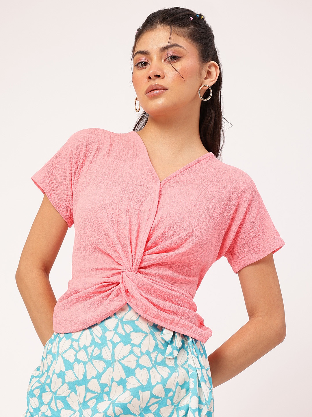 

DressBerry Cute & Cuddly Twisted Cinched Waist Top, Pink