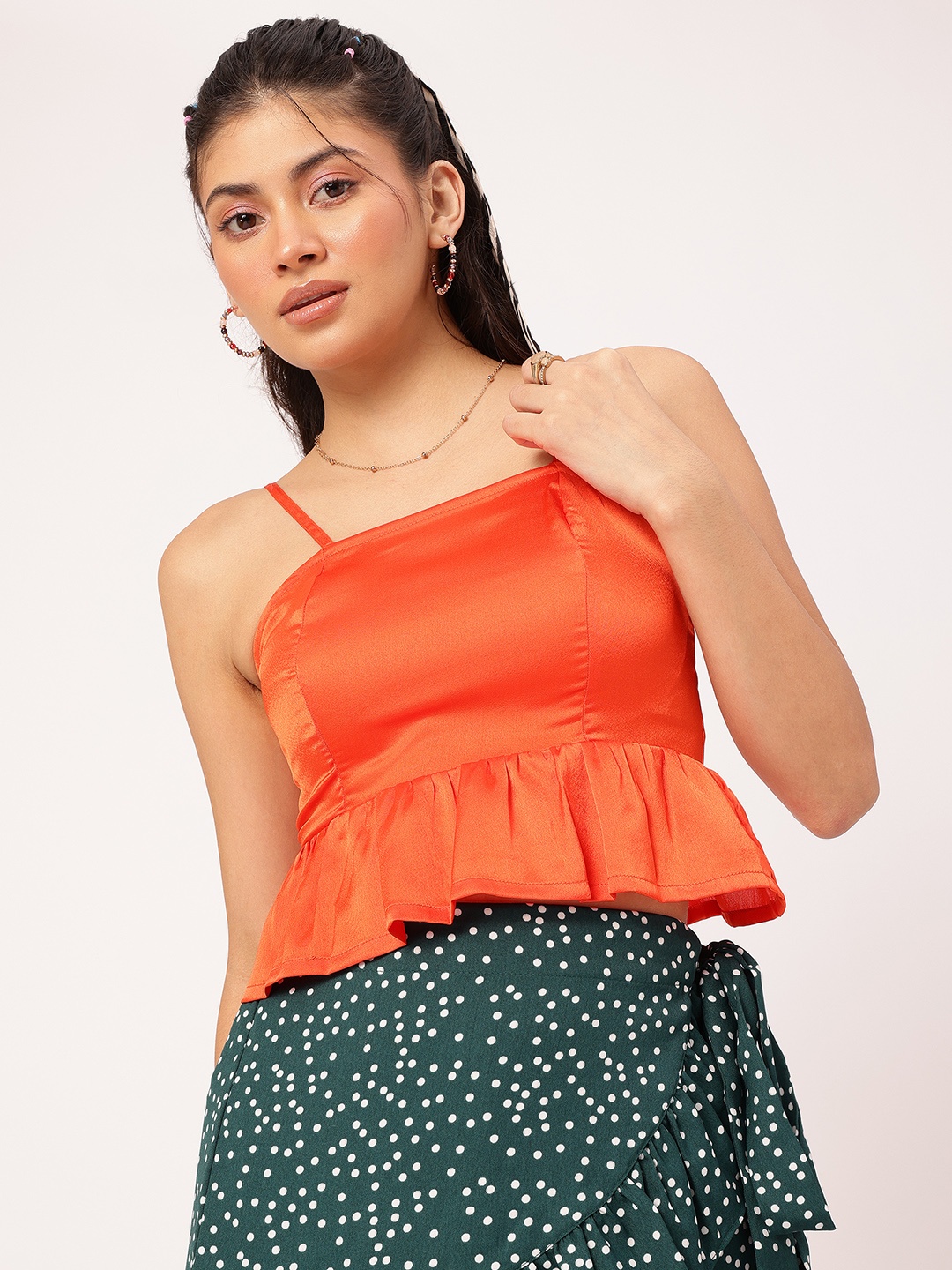 

DressBerry Glossed Up Smocked Satin A-Line Top, Orange