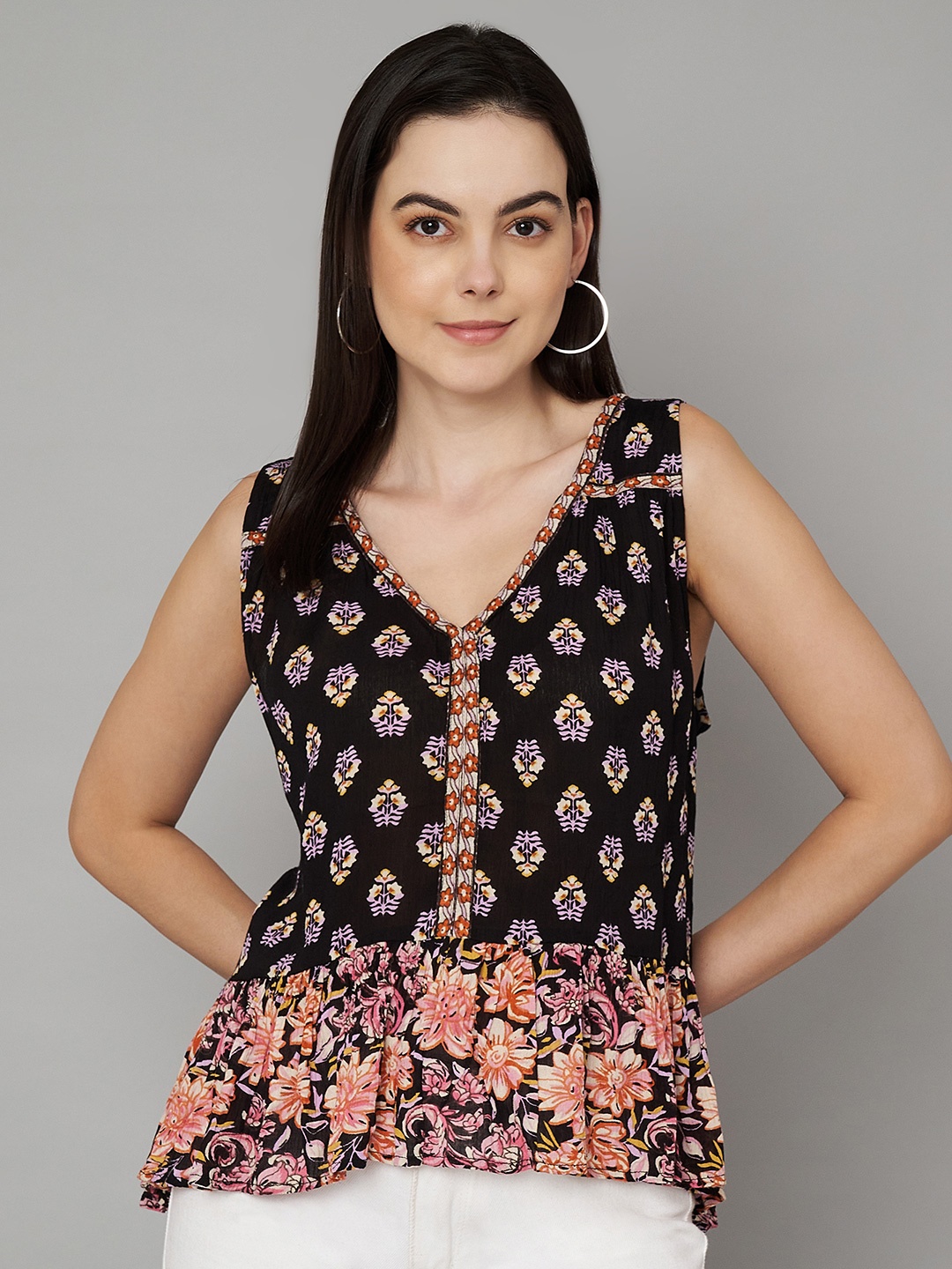 

VELDRESS Women Ethnic Motifs Printed Peplum Top, Black