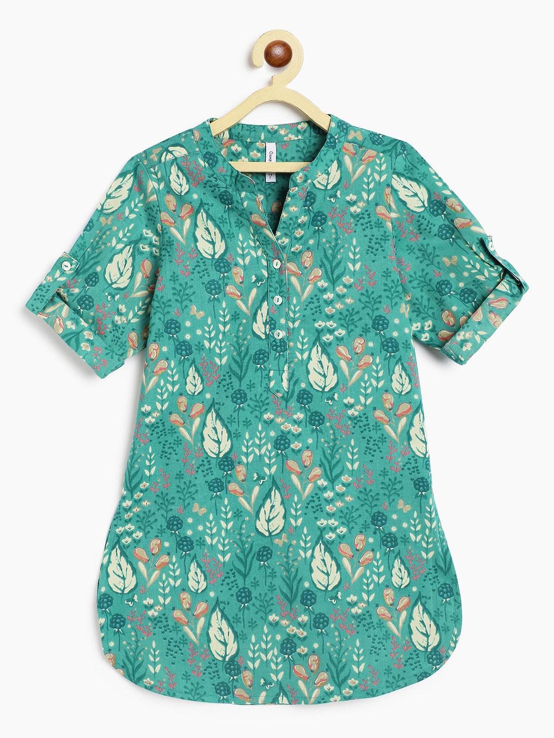 

Campana Girls Floral Printed V-Neck Roll Up Sleeves Pure Cotton Straight Kurta, Sea green