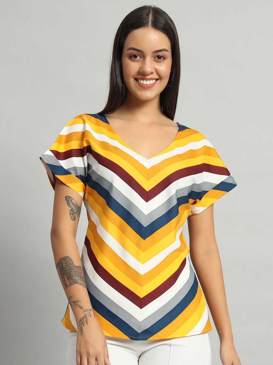 

VAARARO Women Striped Extended Sleeves Styled Back Top, Yellow