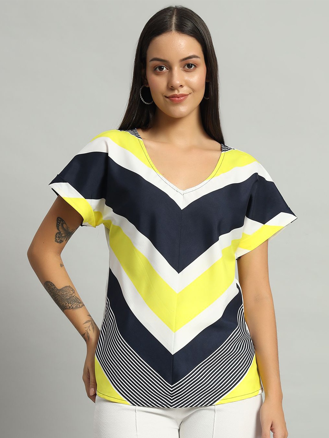 

VAARARO Women Striped Extended Sleeves Styled Back Top, Yellow