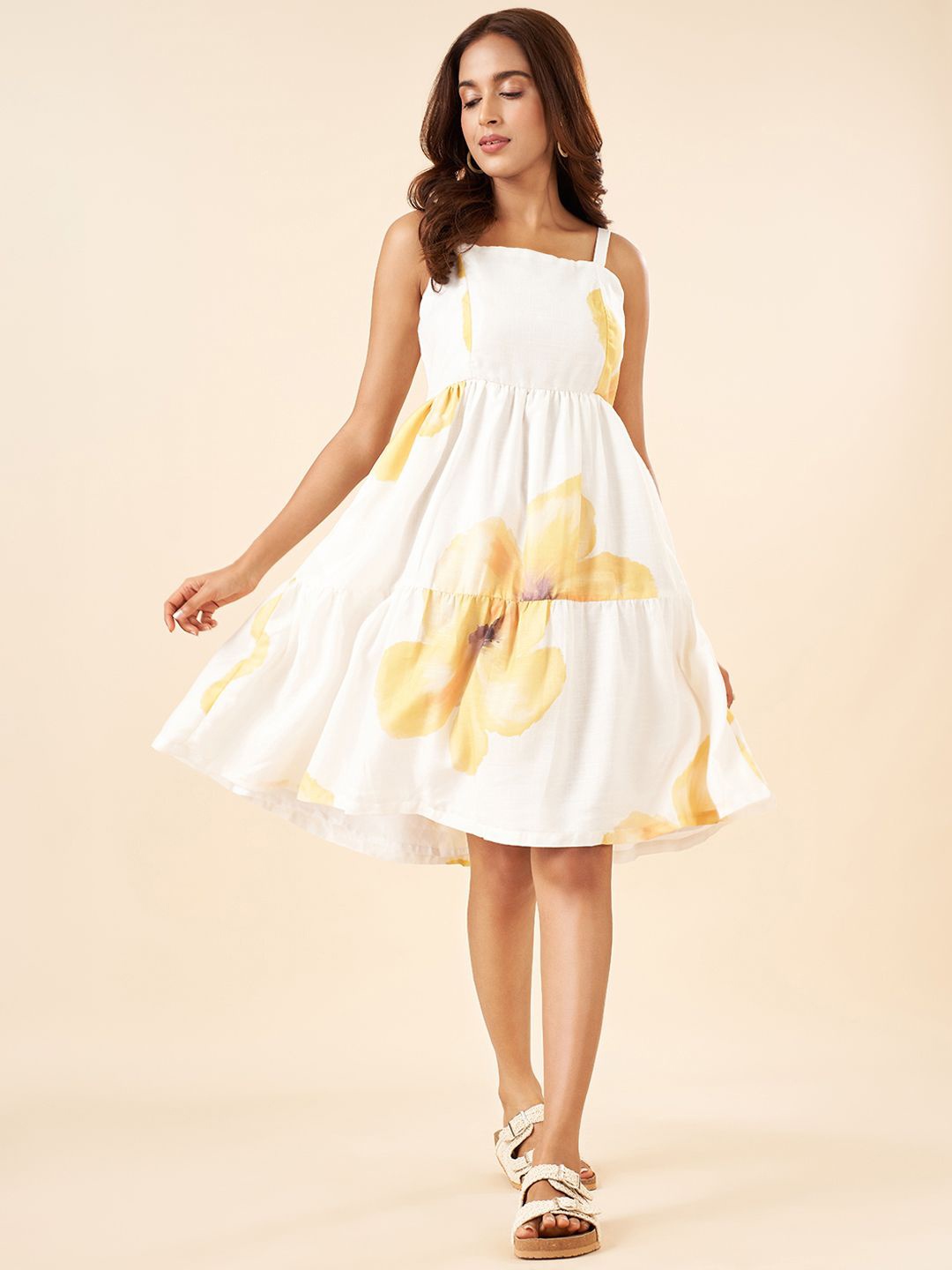 

AKKRITI BY PANTALOONS Floral Print Sleeveless Fit and Flare Dress, Beige