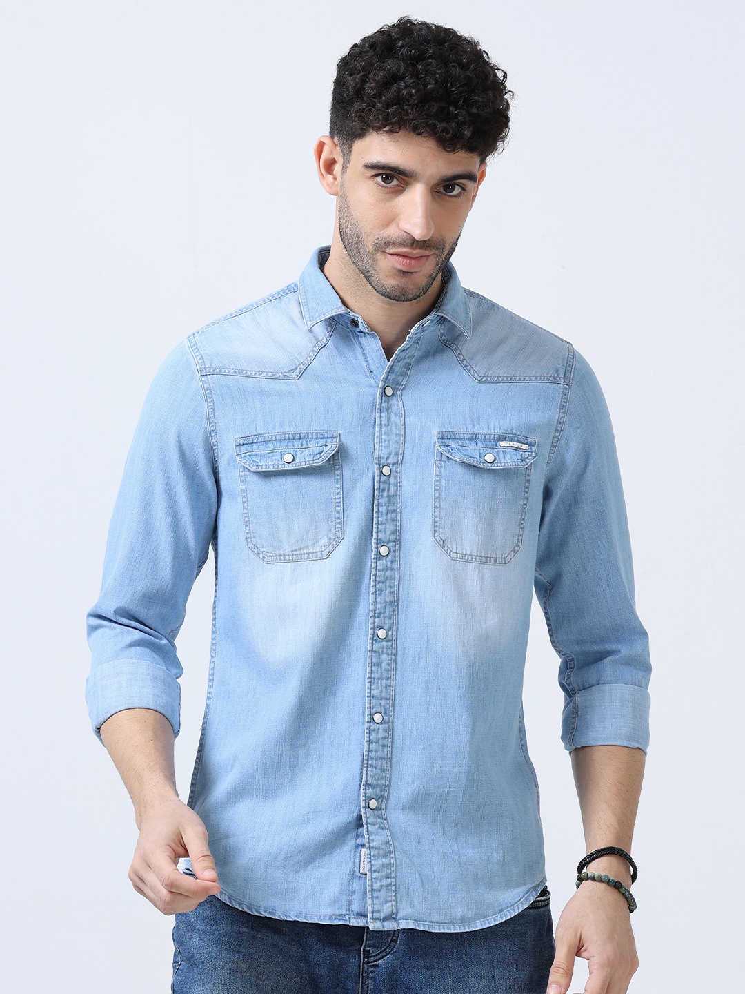 

FLY 69 Men Slim Fit Opaque Faded Casual Shirt, Blue