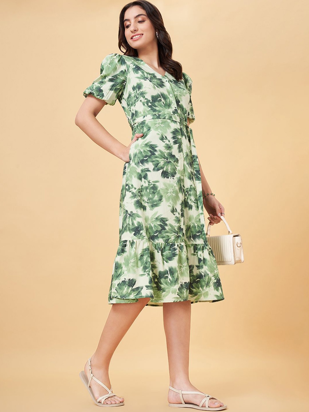 

Honey by Pantaloons Tropical Print Puff Sleeve Cotton A-Line Dress, Green