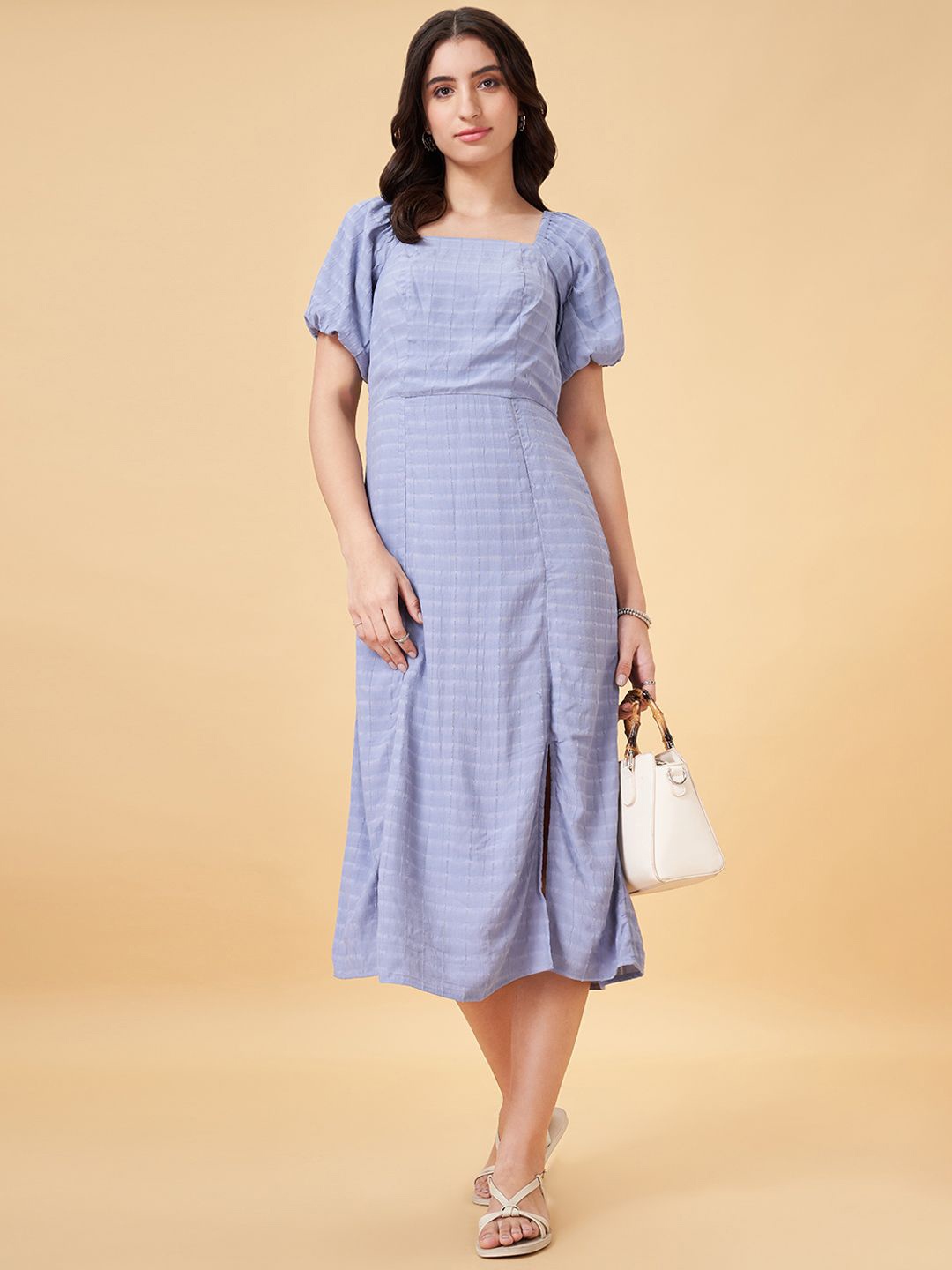 

Honey by Pantaloons Striped Puff Sleeves A-Line Midi Dress, Blue