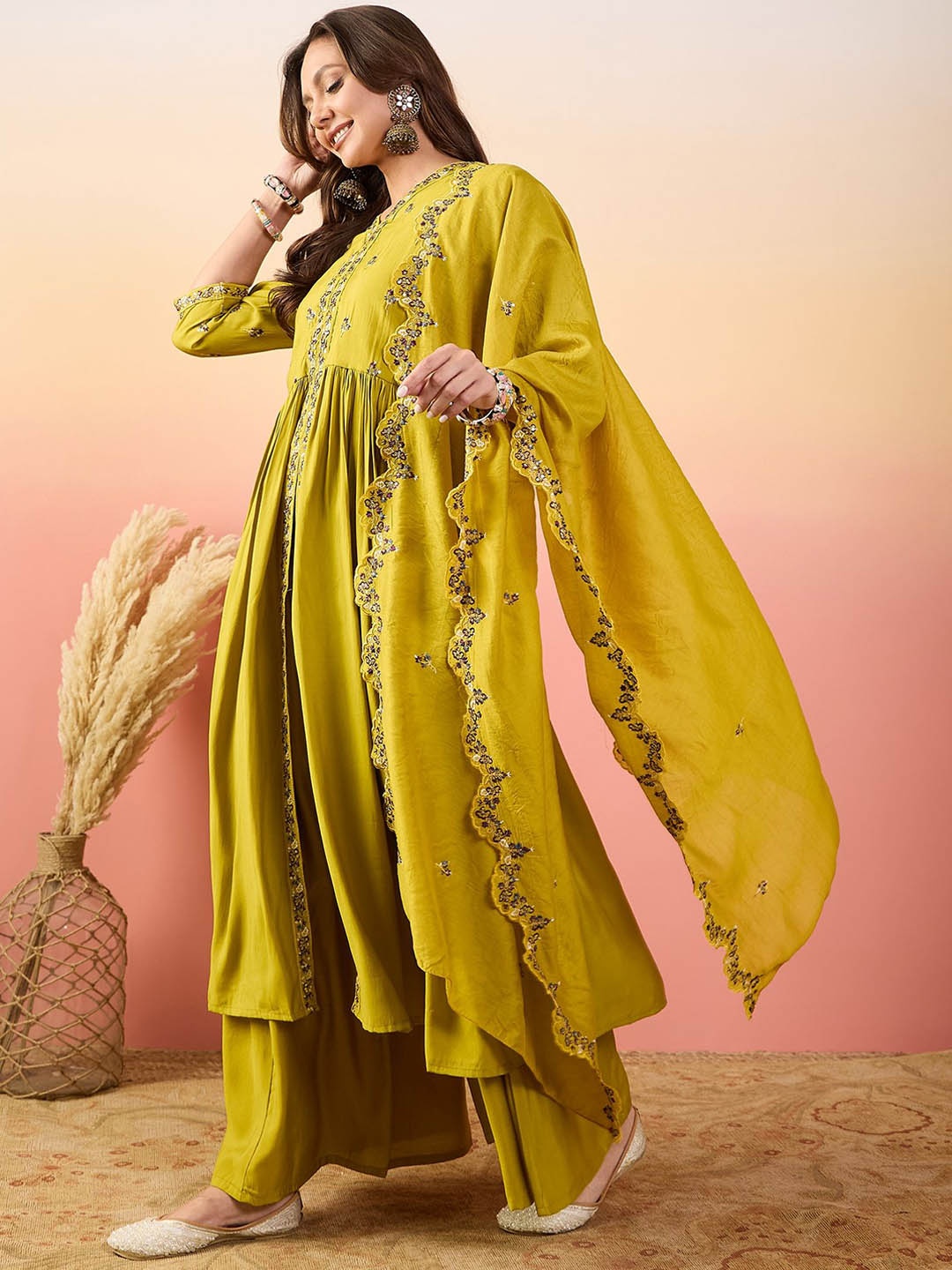 

DIVASTRI Ethnic Motifs Yoke Design Thread Work Empire Anarkali Kurta & Palazzos & Dupatta, Yellow