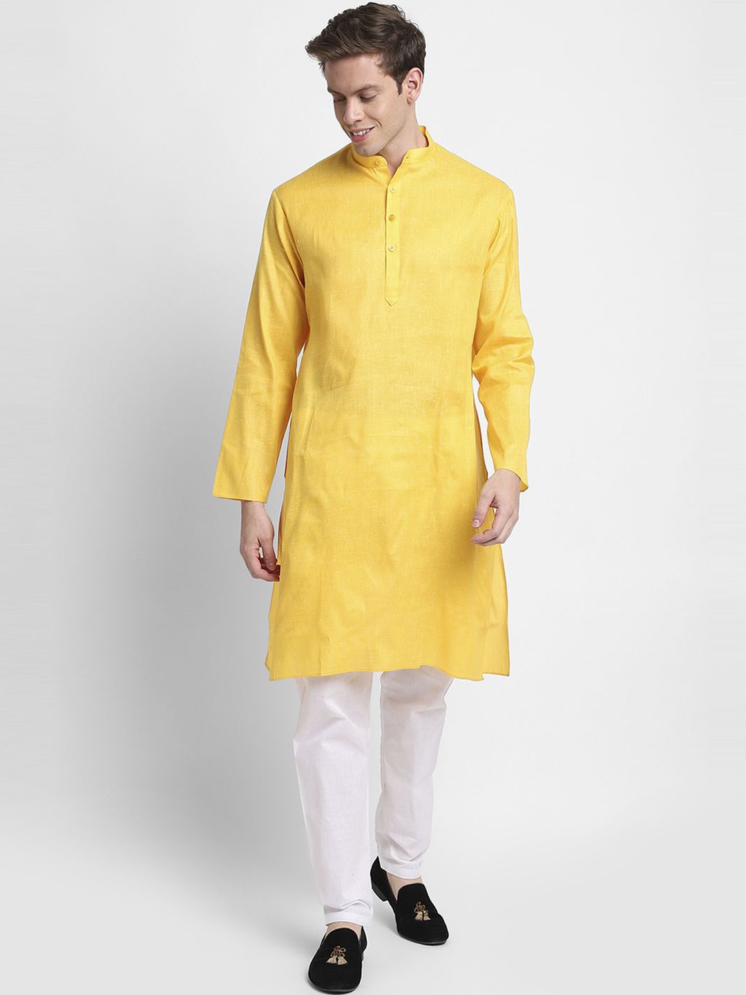 

DEVOILER Men Thread Work Summer Sheers Kurta, Yellow