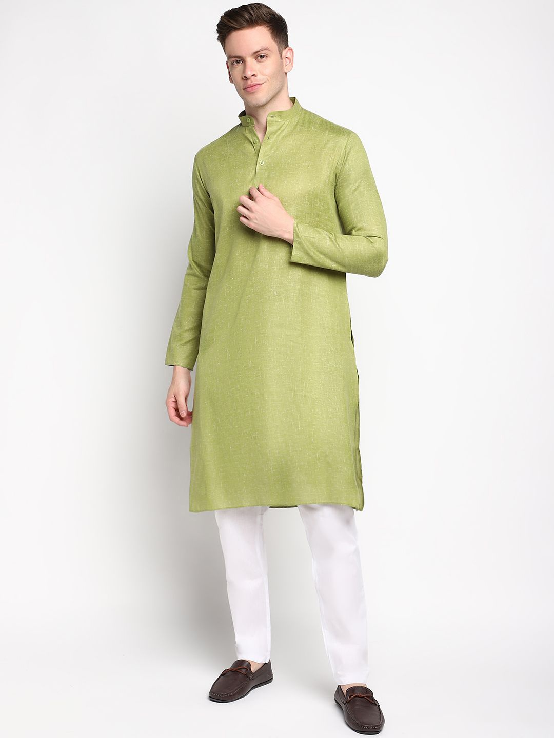 

DEVOILER Band Collar Cotton Straight Kurta, Olive