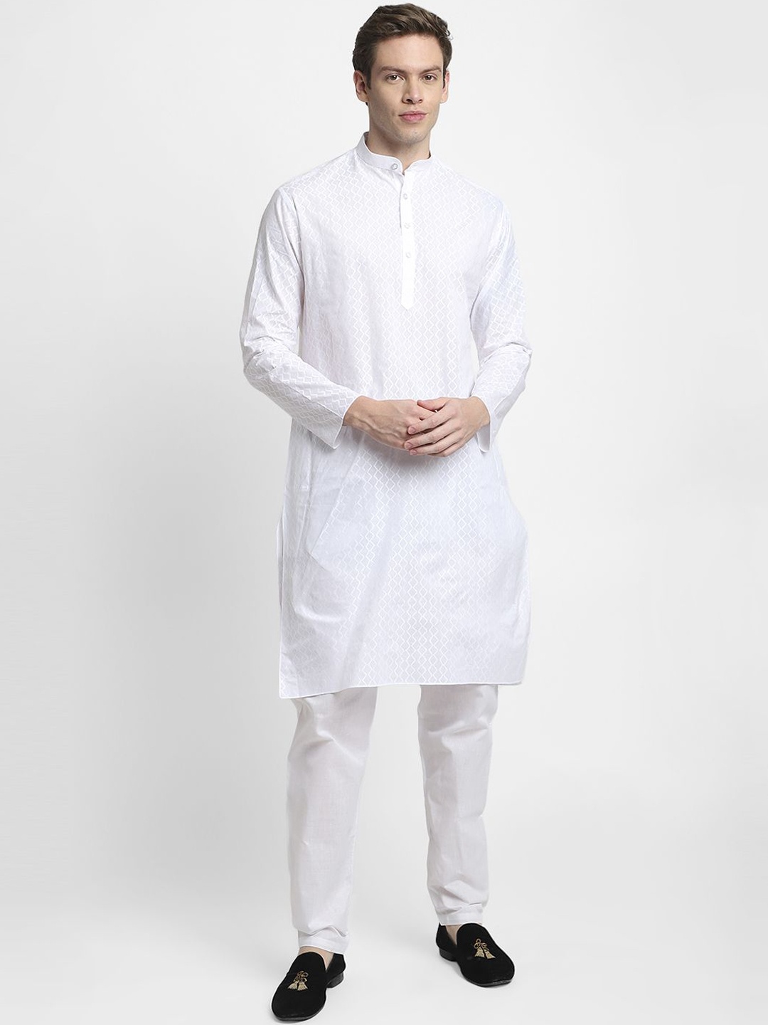 

DEVOILER Geometric Woven Design Band Collar Cotton Straight Kurta, White