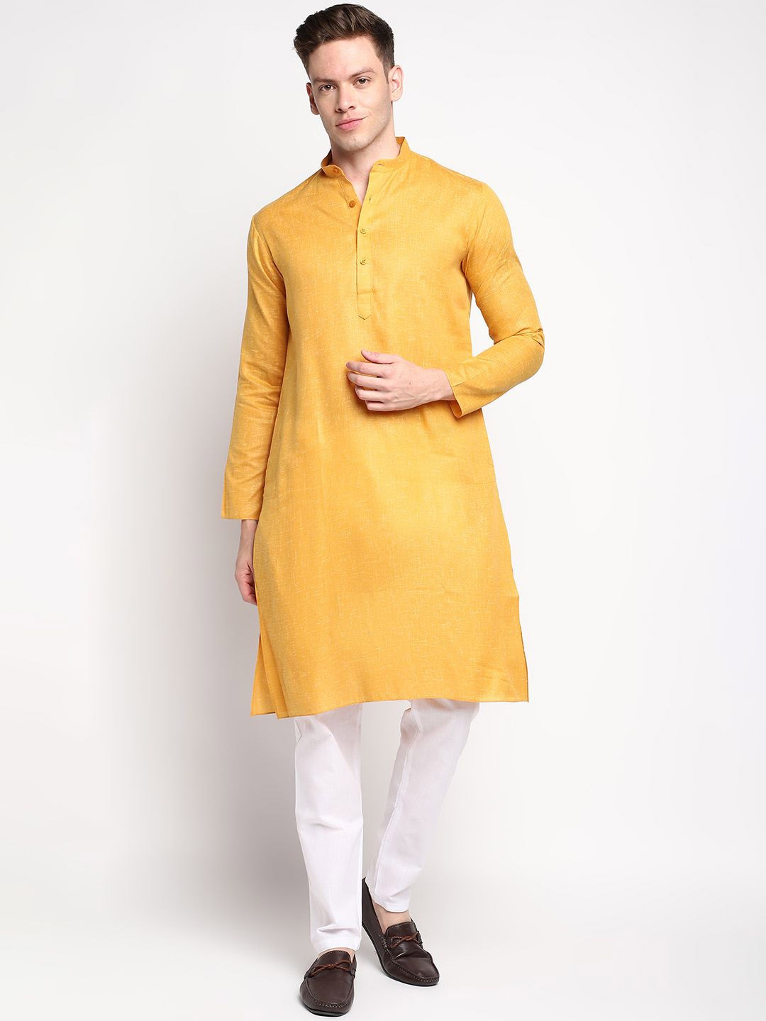 

DEVOILER Band Collar Long Sleeves Straight Kurta, Yellow