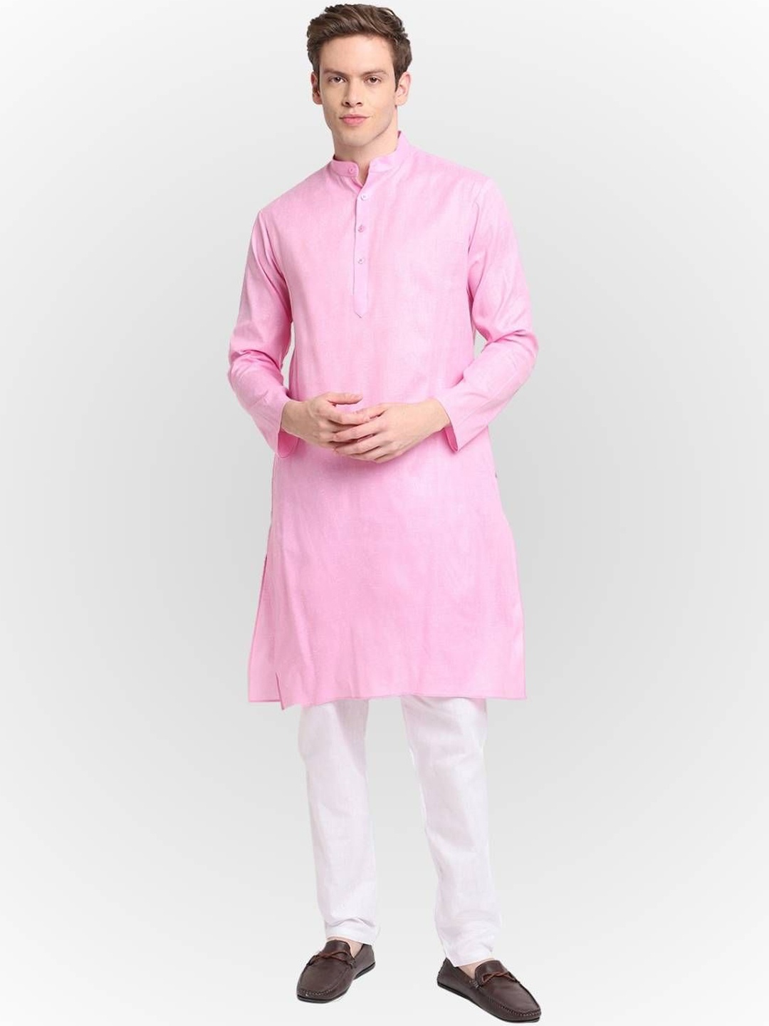 

DEVOILER Mandarin Collar Long Sleeves Straight Kurta, Pink