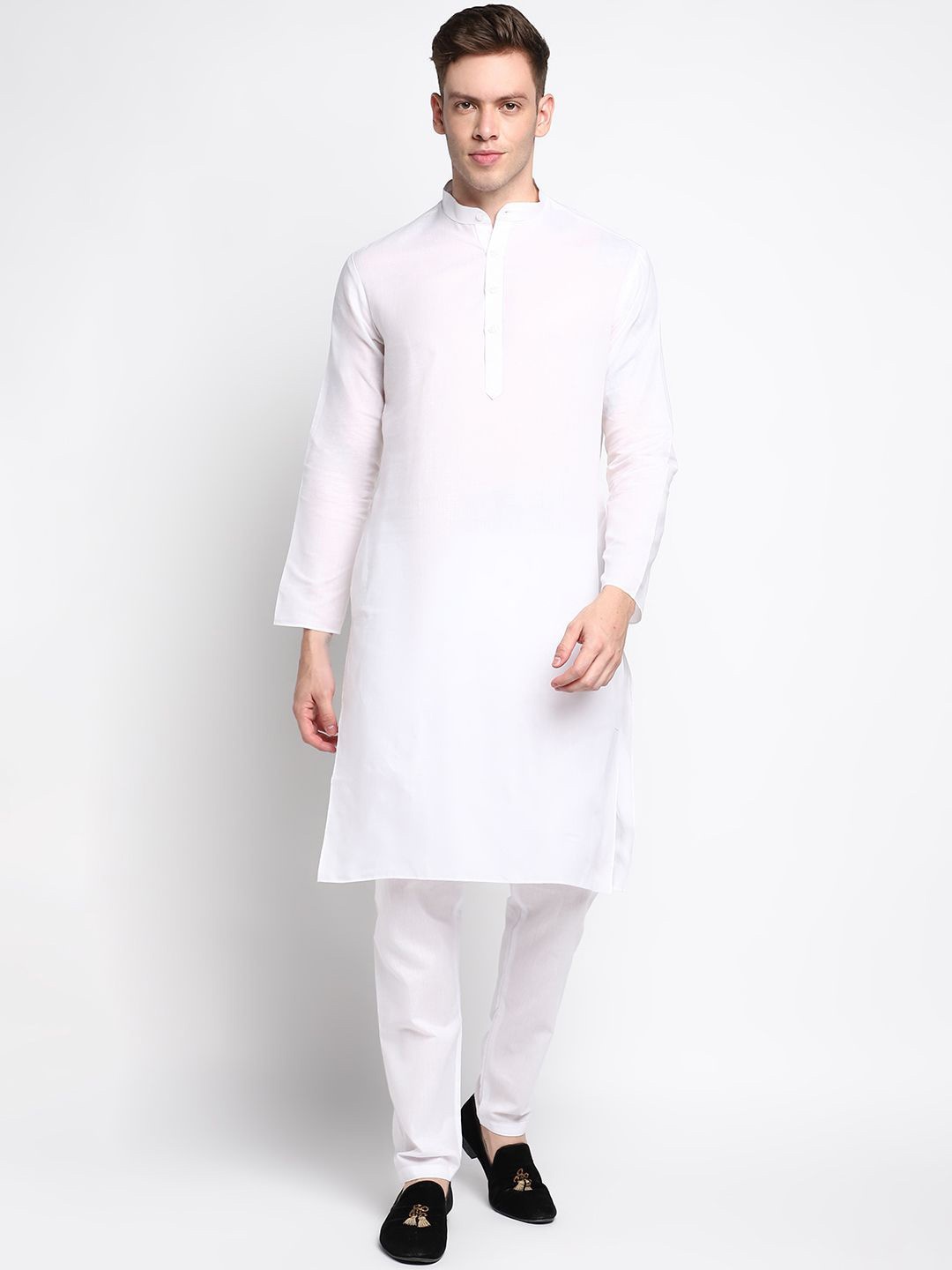 

DEVOILER Mandarin Collar Long Sleeves Cotton Straight Kurta, White