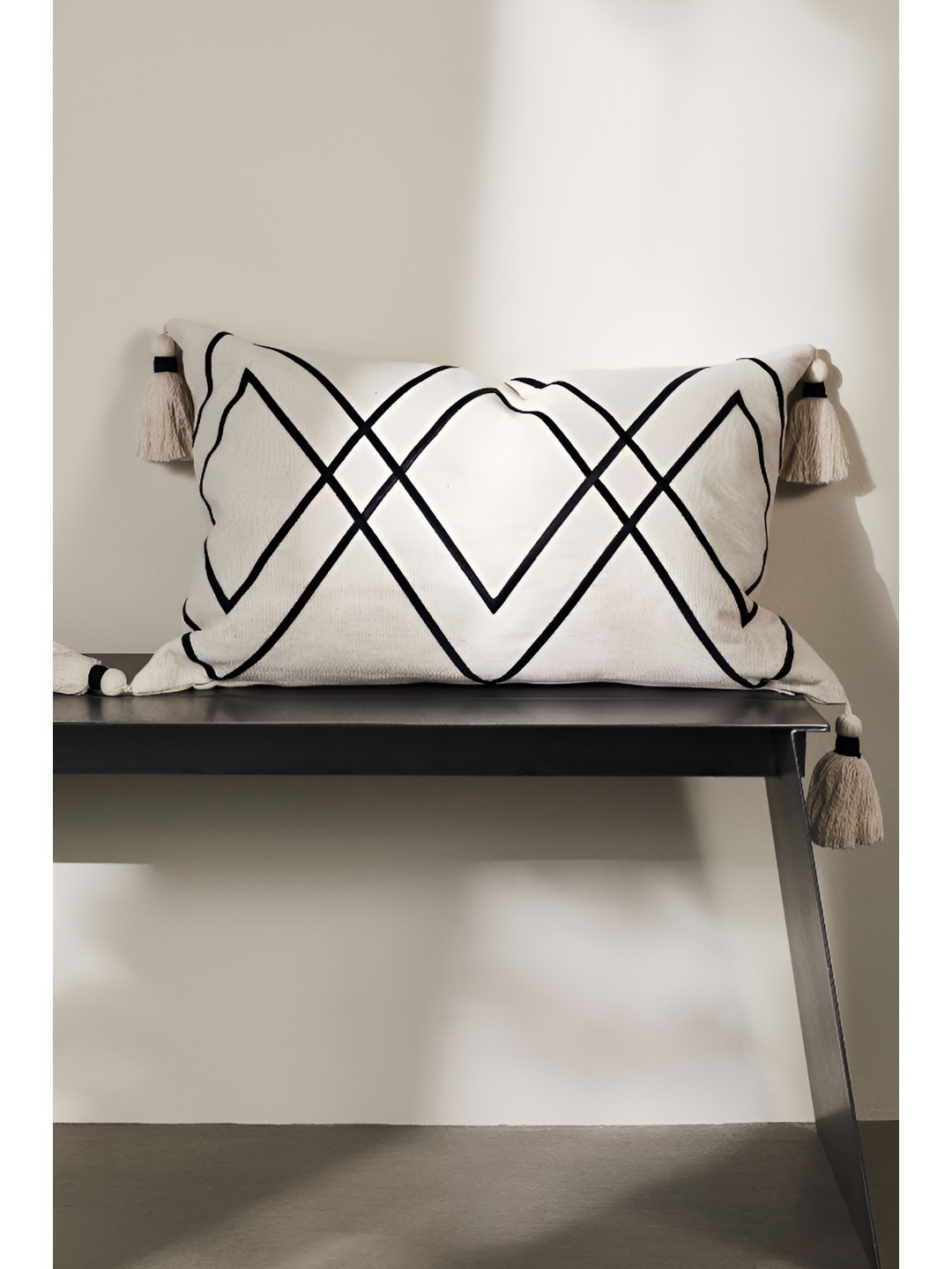 

H&M Beige & Black Pure Cotton Tasselled Cushion Cover
