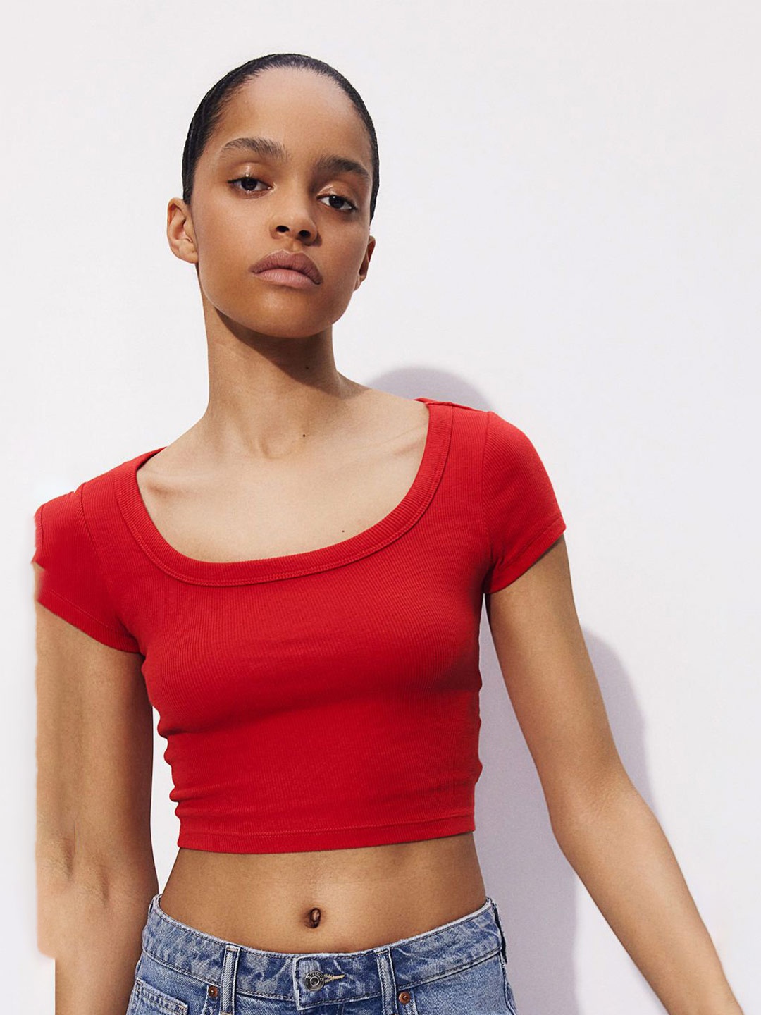 

H&M Cropped Ribbed T-shirt, Red