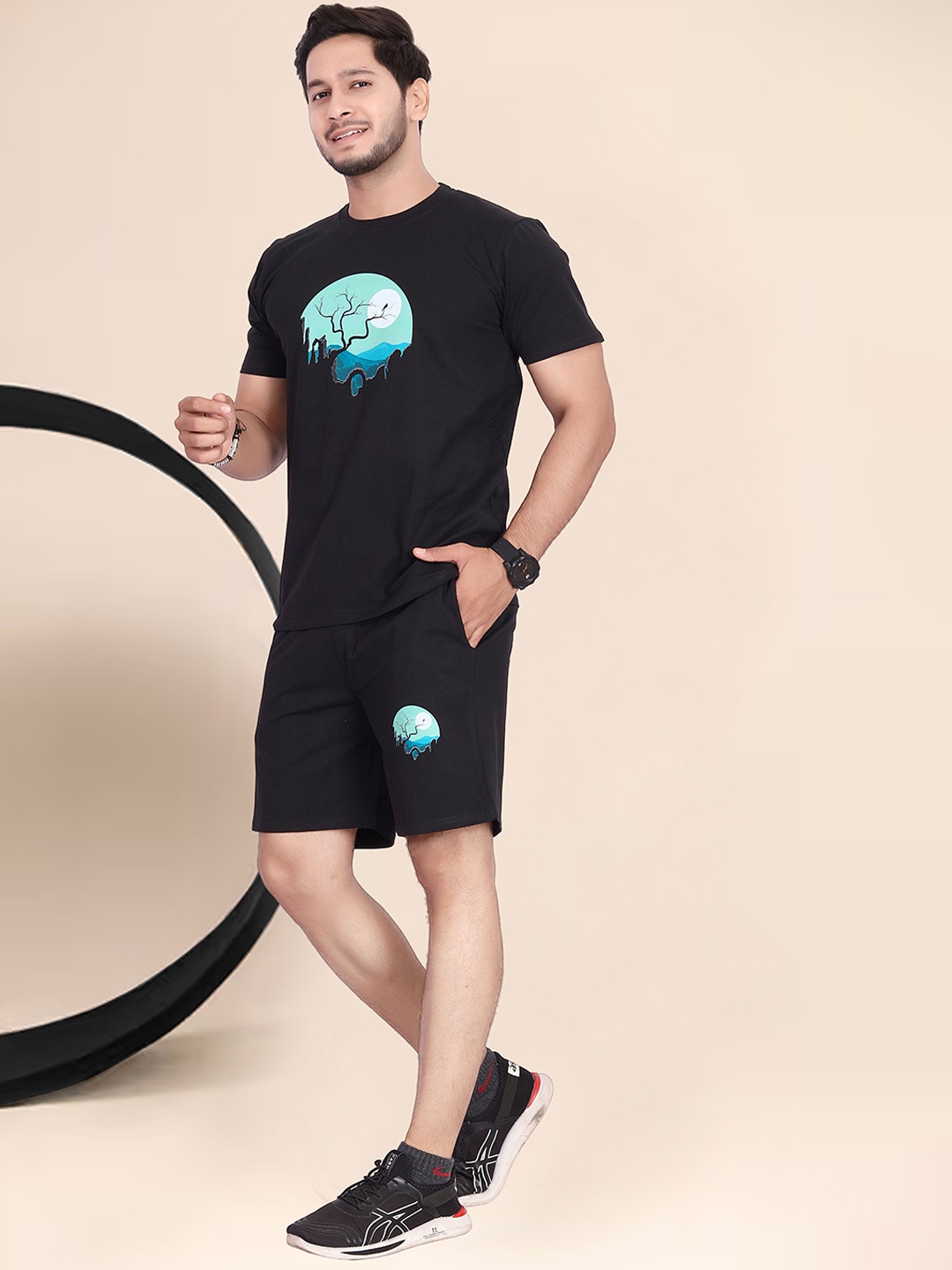 

Divra Clothing Printed Pure Cotton T-Shirt & Shorts Co-Ord Set, Black