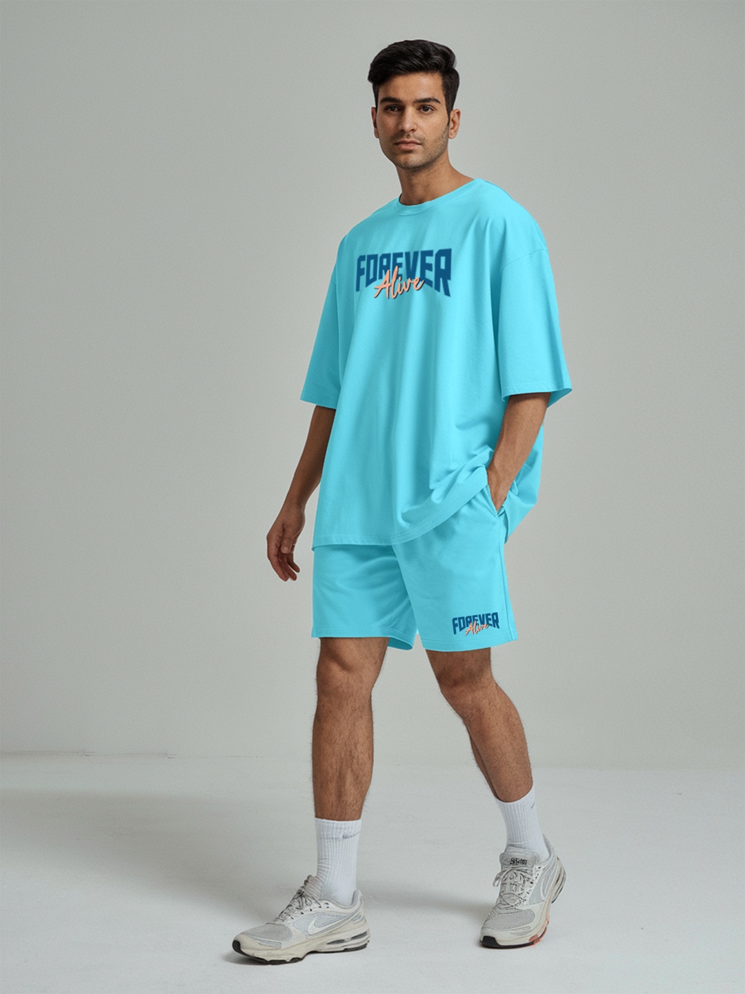 

FFLIRTYGO Printed Round-Neck T-Shirt With Short Co-Ords, Turquoise blue