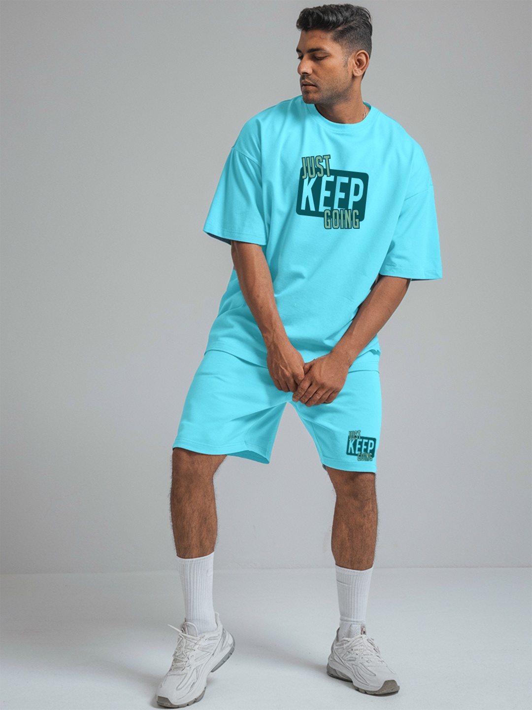

FFLIRTYGO Printed Round Neck T-Shirt & Shorts, Turquoise blue